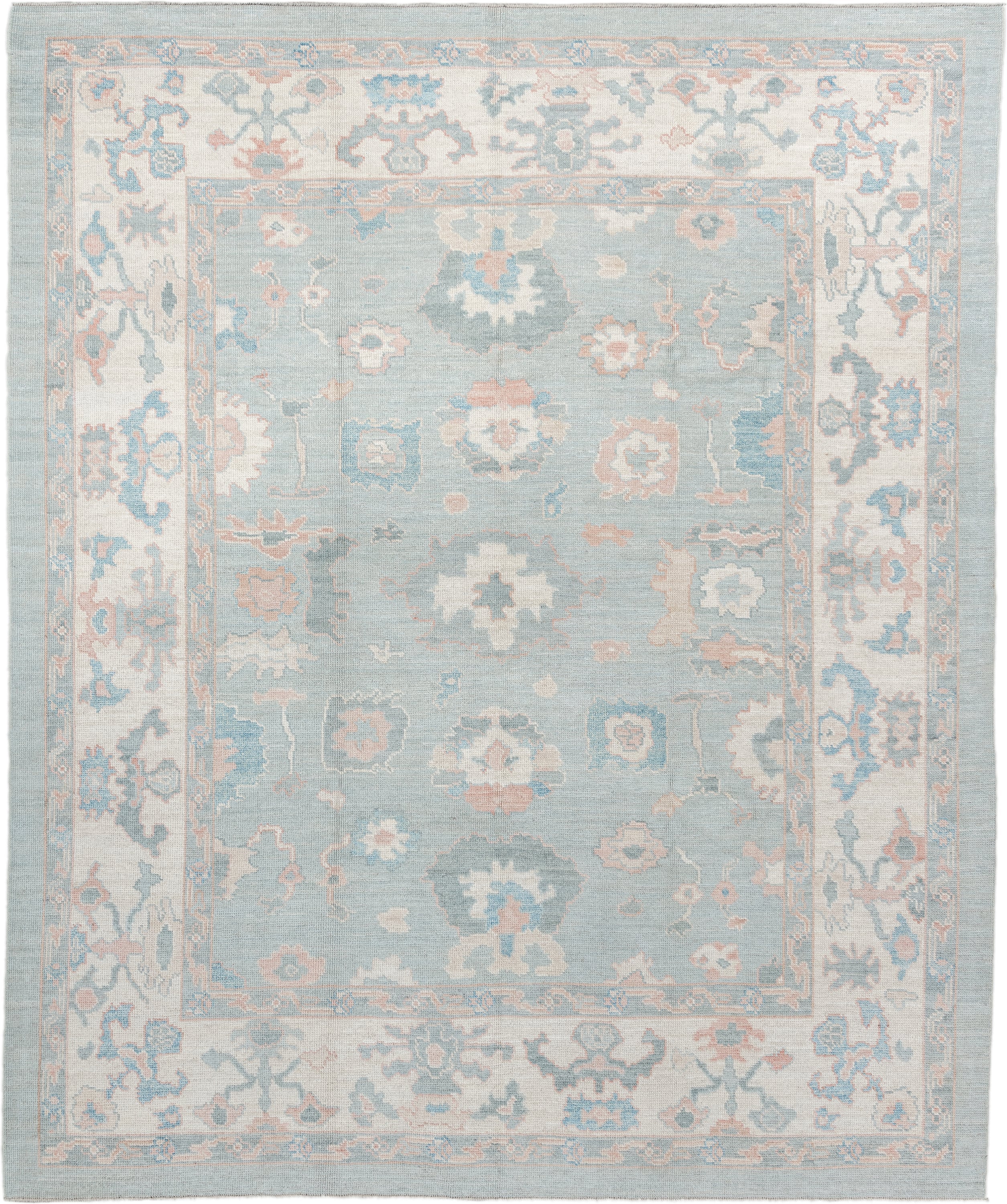 8' x 10' one-of-a-kind handmade vintage Oushak large size rug. Color palette: sky blue, ivory, blush, sage, taupe, peach
