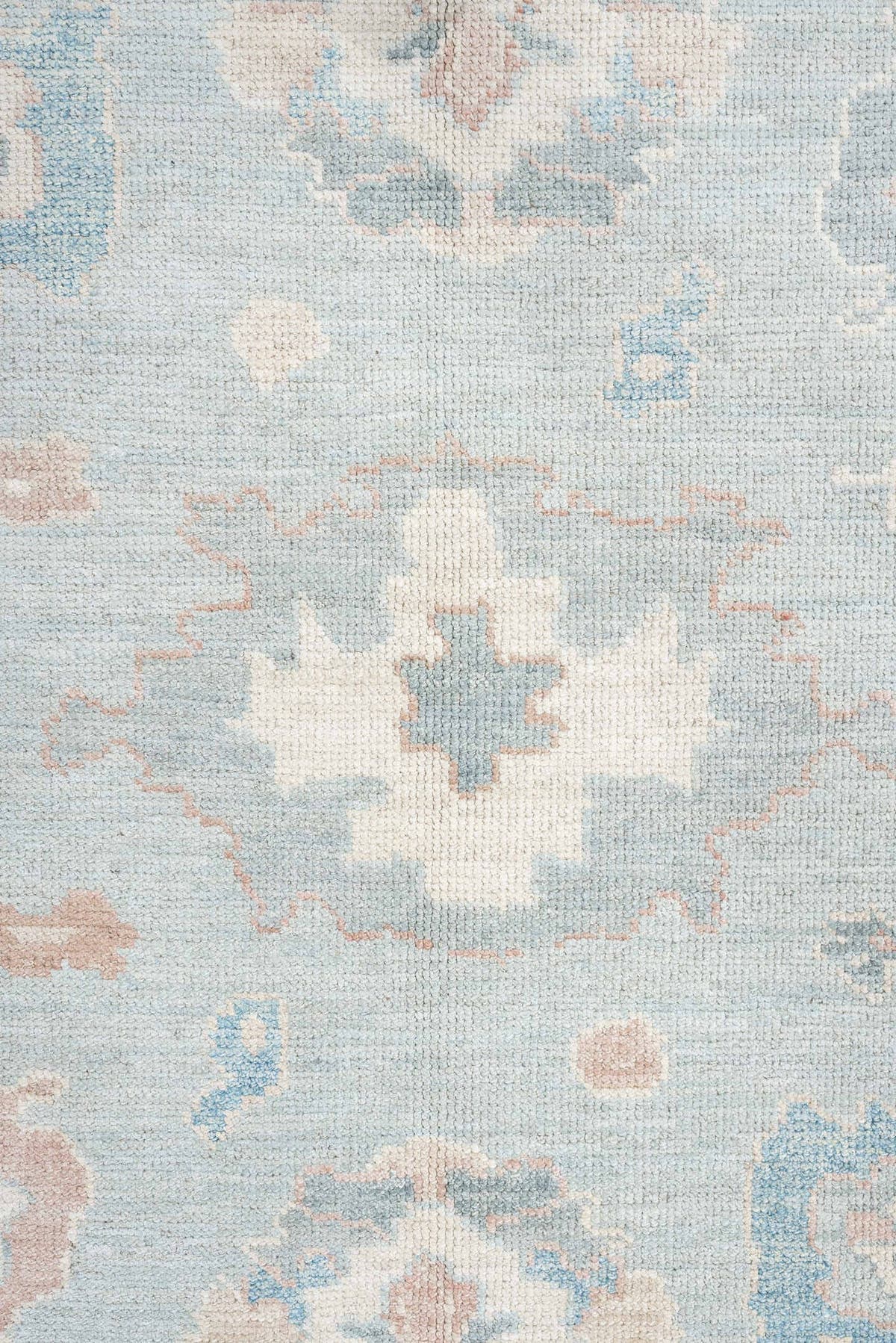 8' x 10' one-of-a-kind handmade vintage Oushak large size rug. Color palette: sky blue, ivory, blush, sage, taupe, peach