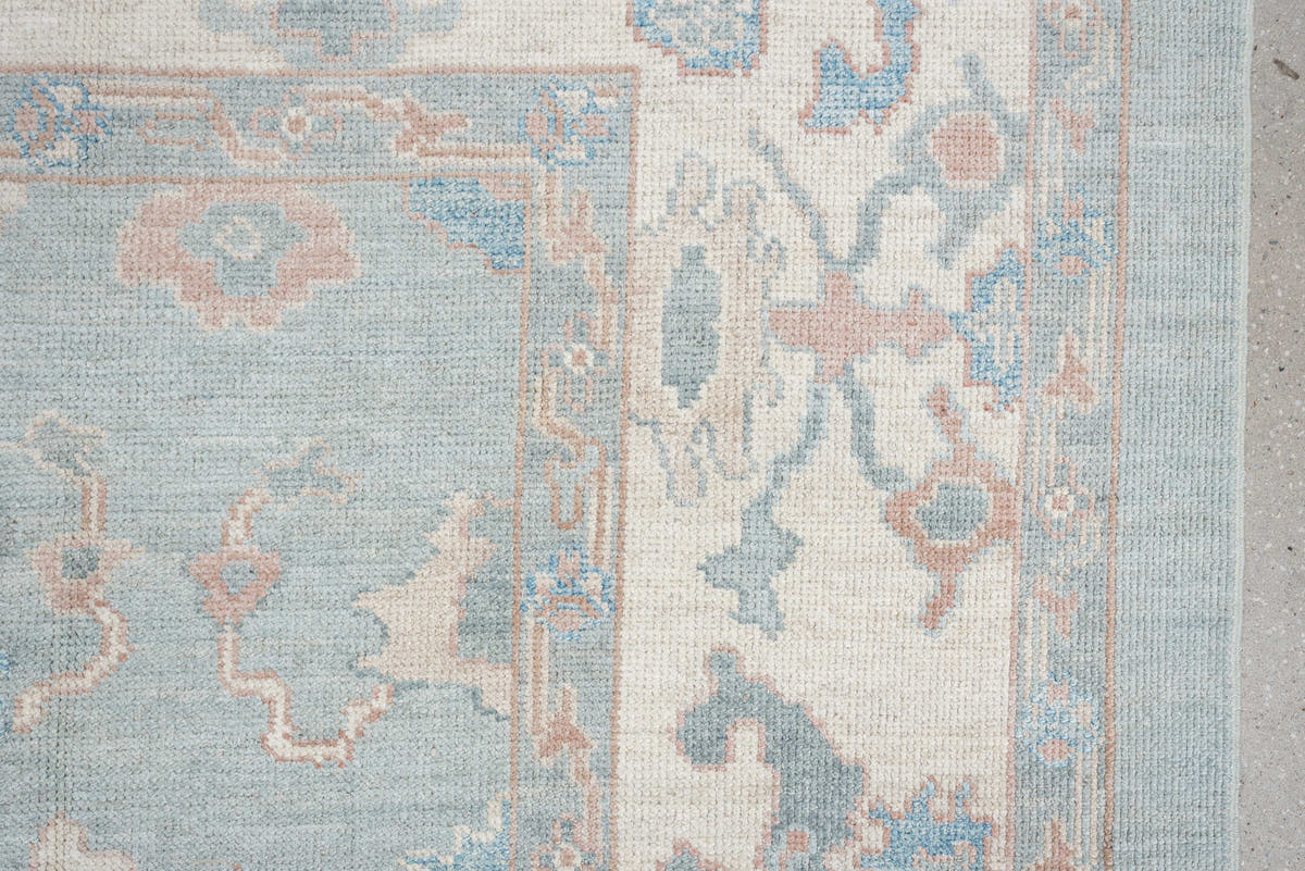 8' x 10' one-of-a-kind handmade vintage Oushak large size rug. Color palette: sky blue, ivory, blush, sage, taupe, peach