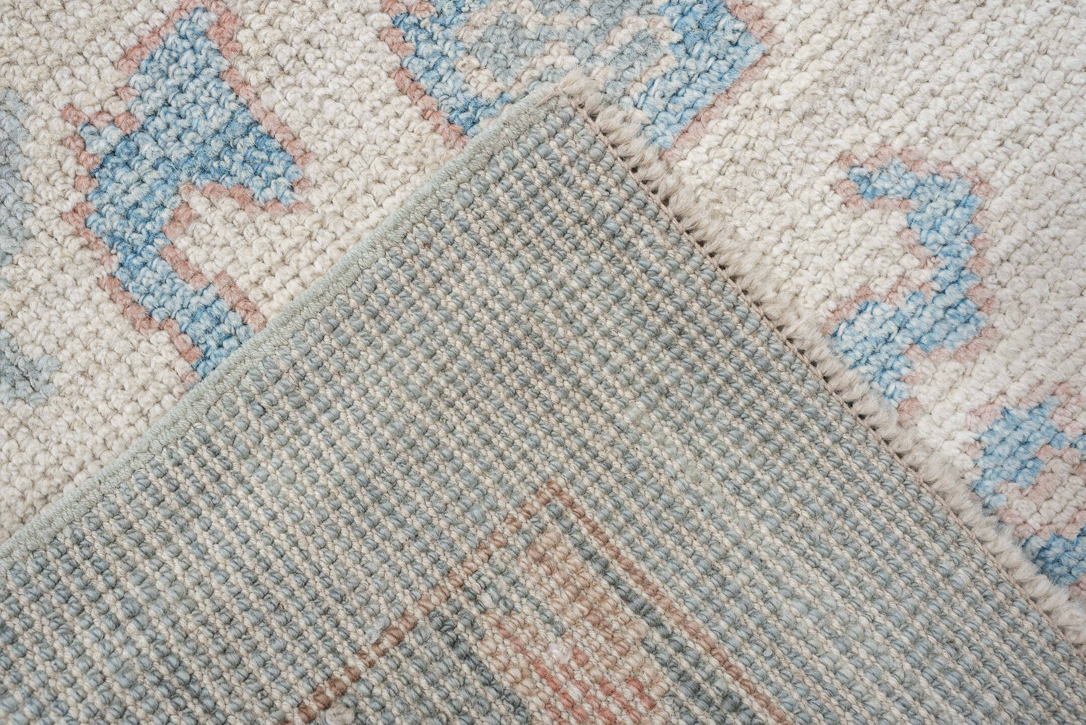 8' x 10' one-of-a-kind handmade vintage Oushak large size rug. Color palette: sky blue, ivory, blush, sage, taupe, peach