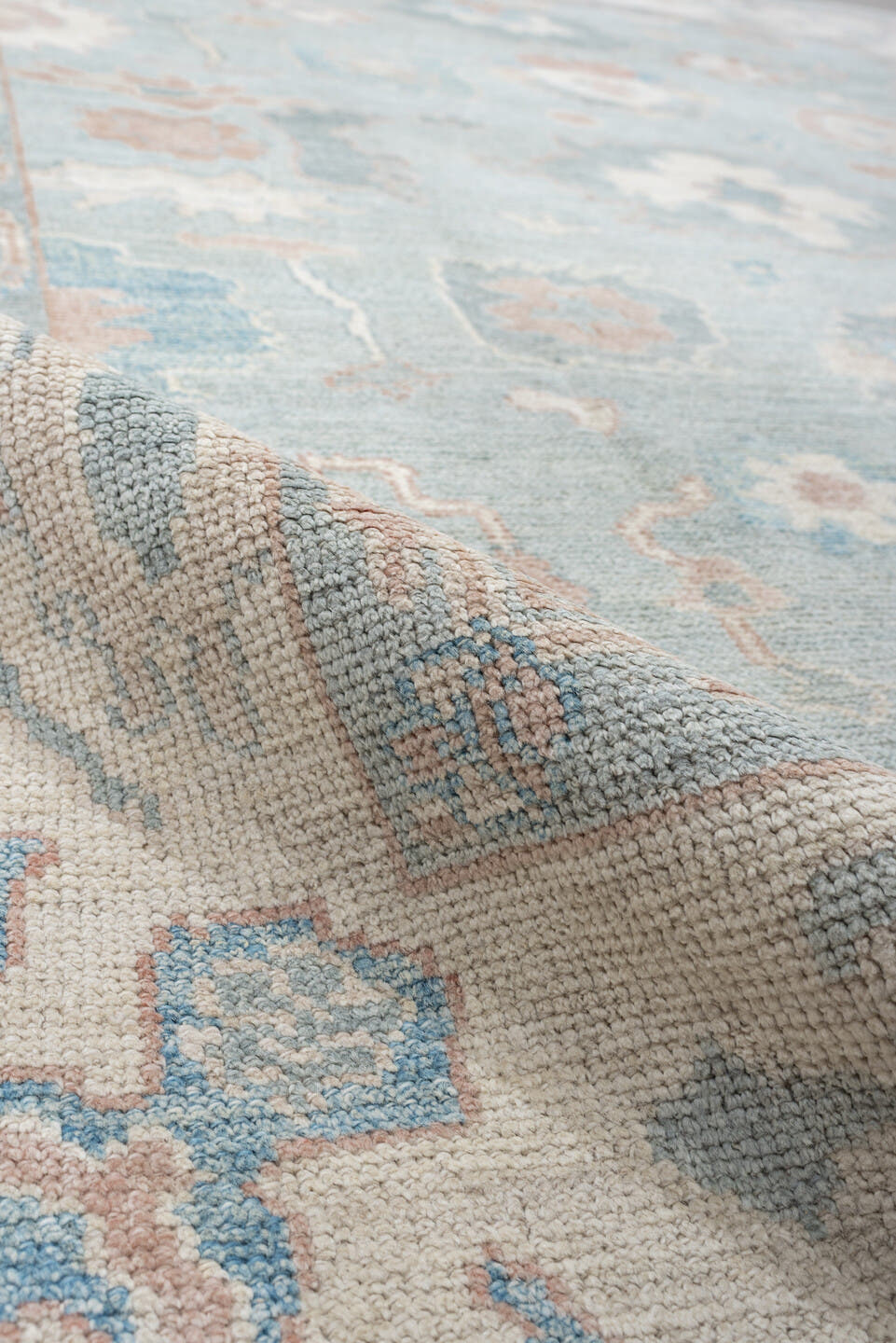 8' x 10' one-of-a-kind handmade vintage Oushak large size rug. Color palette: sky blue, ivory, blush, sage, taupe, peach