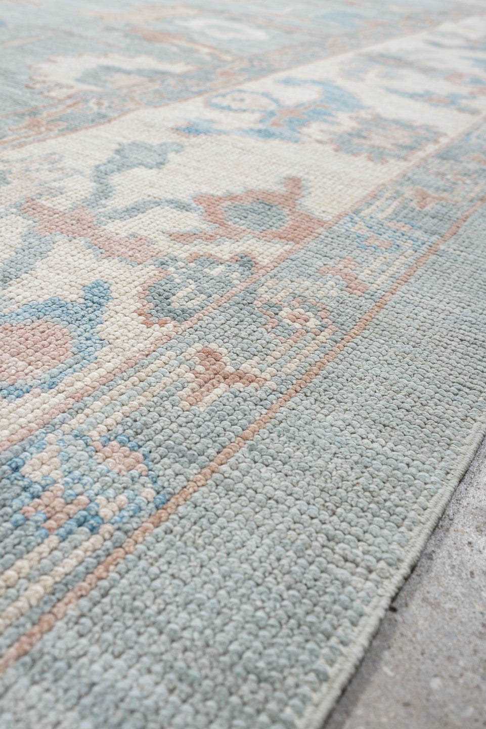 8' x 10' one-of-a-kind handmade vintage Oushak large size rug. Color palette: sky blue, ivory, blush, sage, taupe, peach