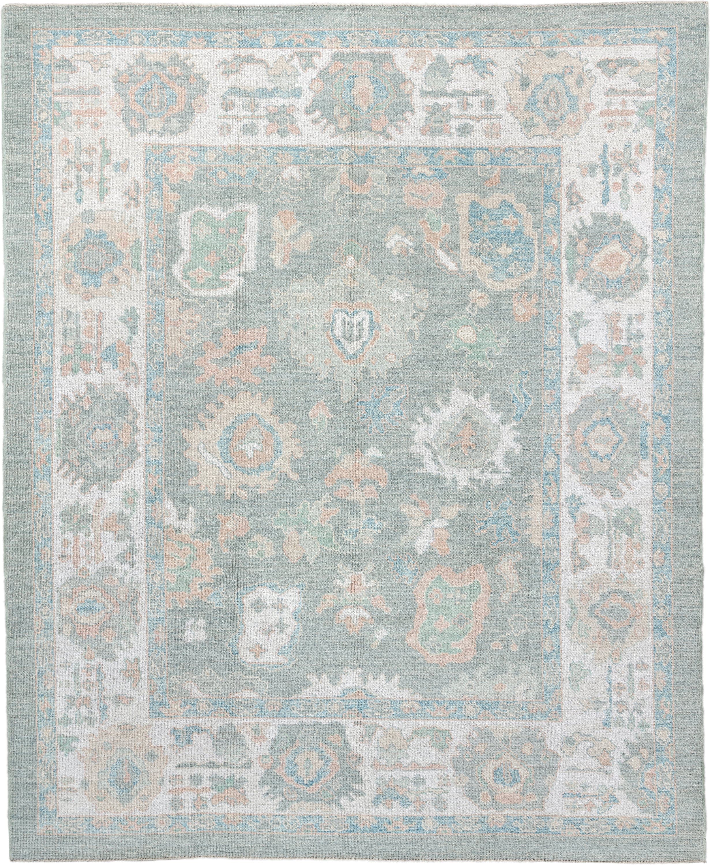 8' x 10' one-of-a-kind handmade vintage Oushak large size rug. Color palette: aqua, ivory, peach, sage, taupe, cream, teal