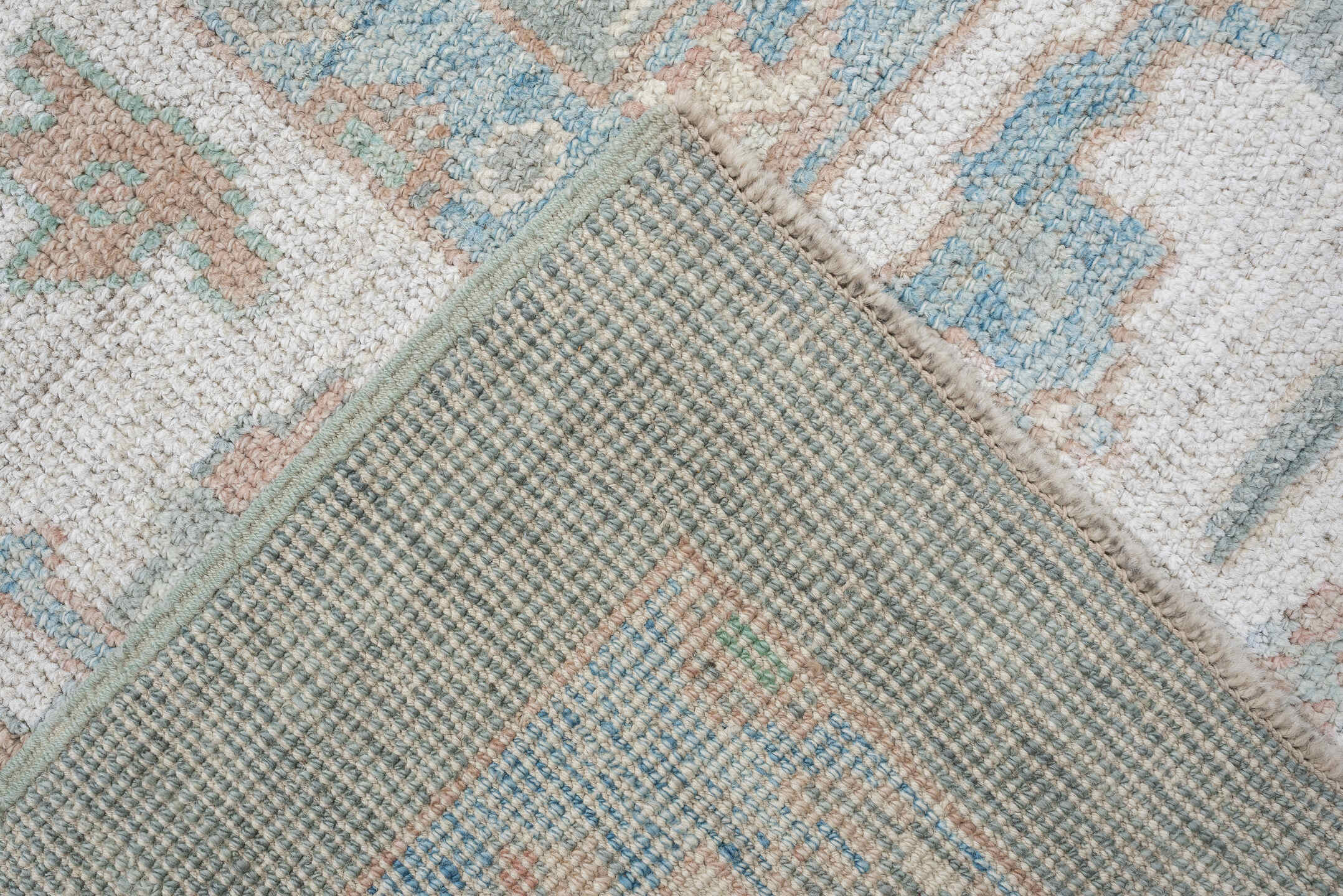 8' x 10' one-of-a-kind handmade vintage Oushak large size rug. Color palette: aqua, ivory, peach, sage, taupe, cream, teal
