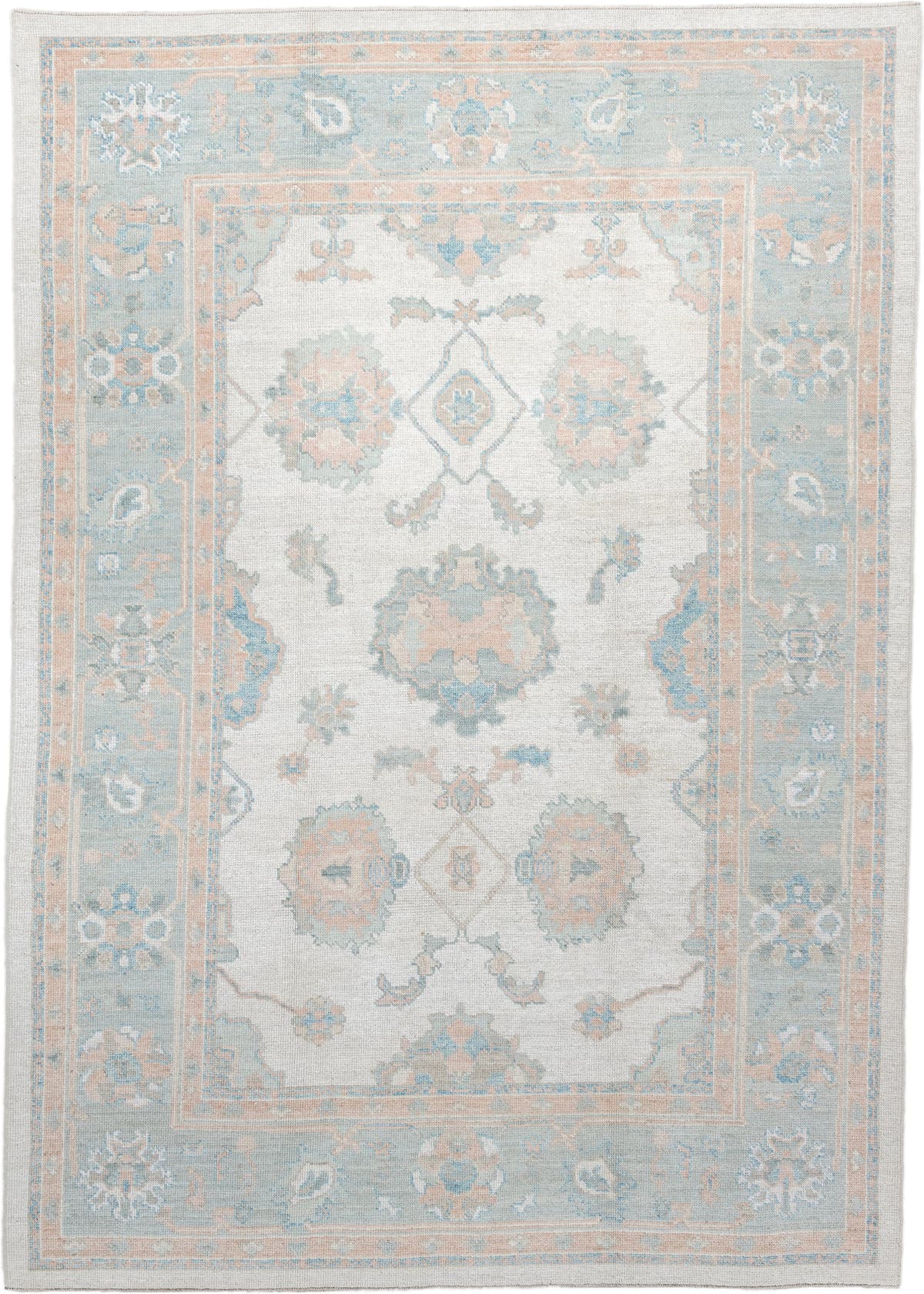 7' x 10' one-of-a-kind handmade vintage Oushak large size rug. Color palette: ivory, pale aqua, blush, taupe, cream, teal