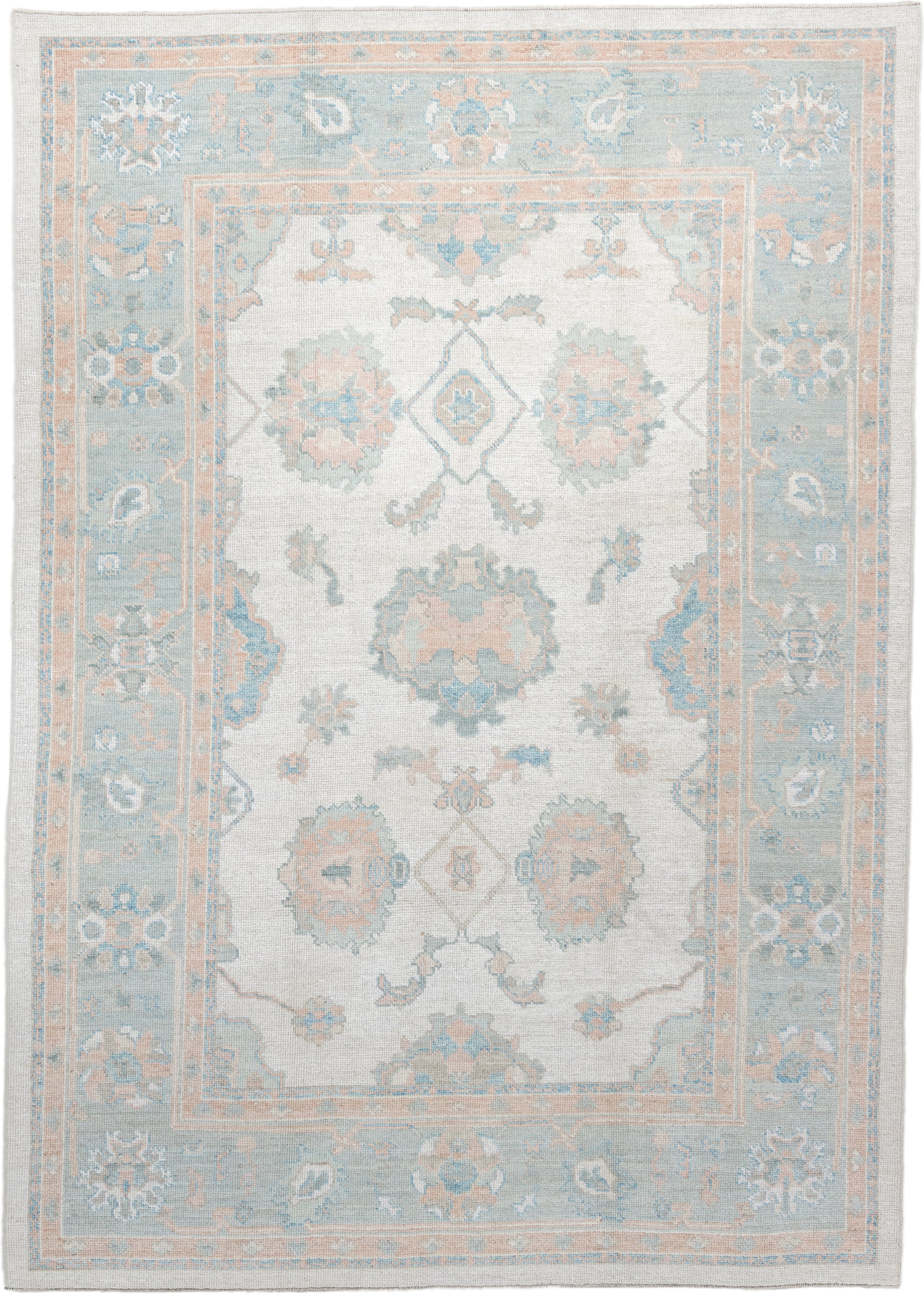 7' x 10' one-of-a-kind handmade vintage Oushak large size rug. Color palette: ivory, pale aqua, blush, taupe, cream, teal