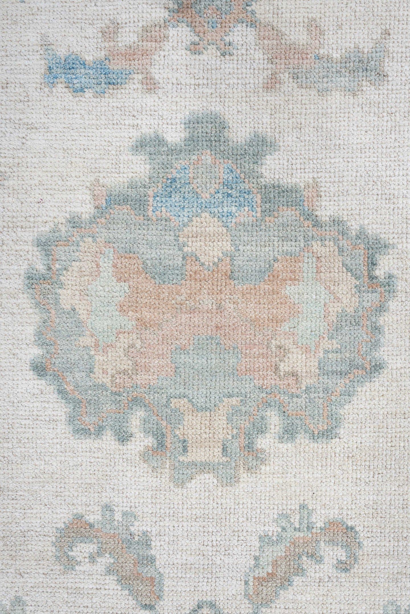7' x 10' one-of-a-kind handmade vintage Oushak large size rug. Color palette: ivory, pale aqua, blush, taupe, cream, teal