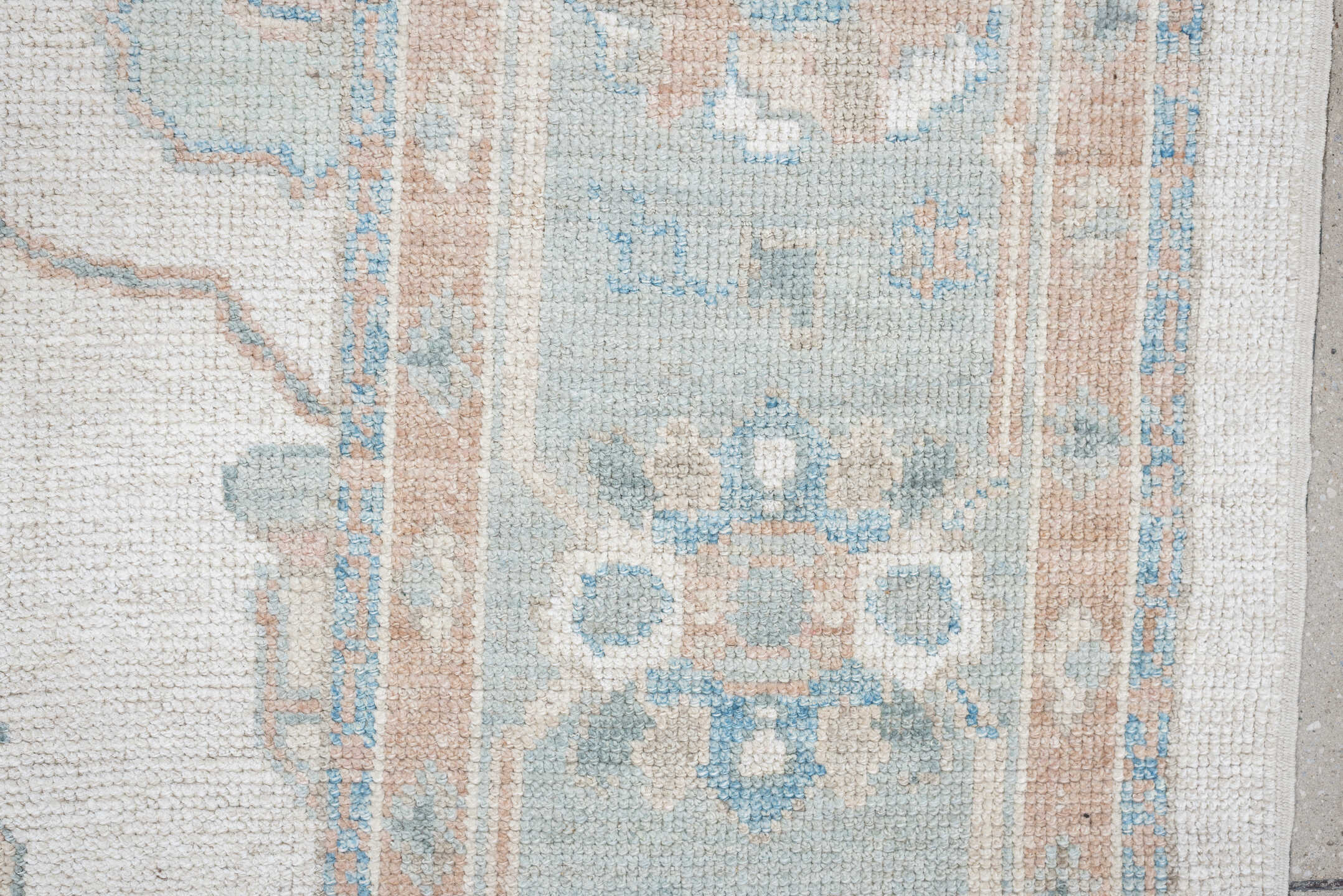 7' x 10' one-of-a-kind handmade vintage Oushak large size rug. Color palette: ivory, pale aqua, blush, taupe, cream, teal