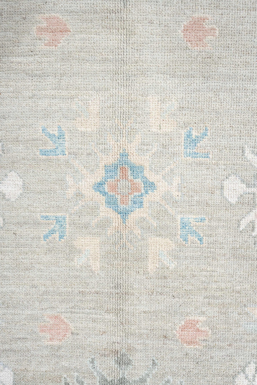 9' x 12' one-of-a-kind handmade vintage Oushak large size rug. Color palette: taupe, ivory, sky blue, peach, soft gray, sand