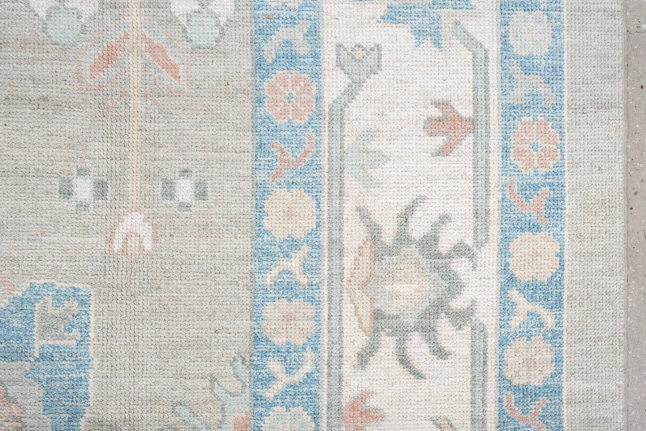 9' x 12' one-of-a-kind handmade vintage Oushak large size rug. Color palette: taupe, ivory, sky blue, peach, soft gray, sand