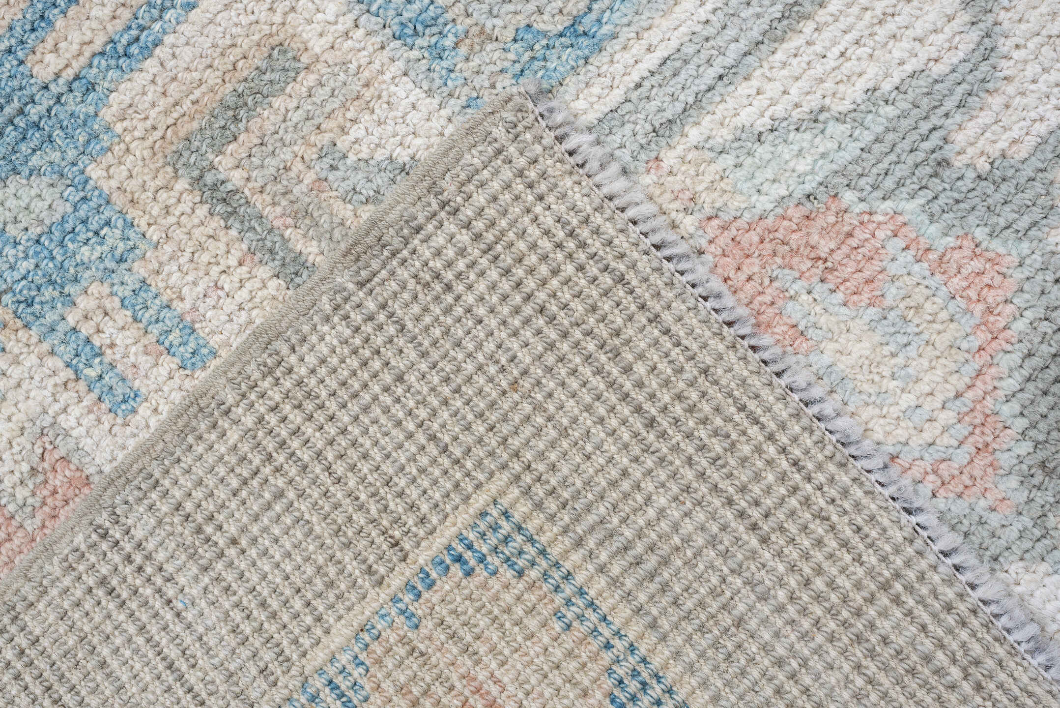 9' x 12' one-of-a-kind handmade vintage Oushak large size rug. Color palette: taupe, ivory, sky blue, peach, soft gray, sand
