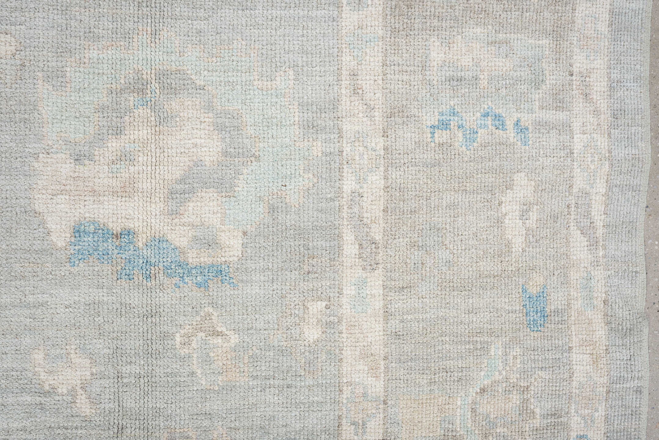 7' x 10' one-of-a-kind handmade vintage Oushak large size rug. Color palette: pale blue, ivory, taupe, cream, sky blue