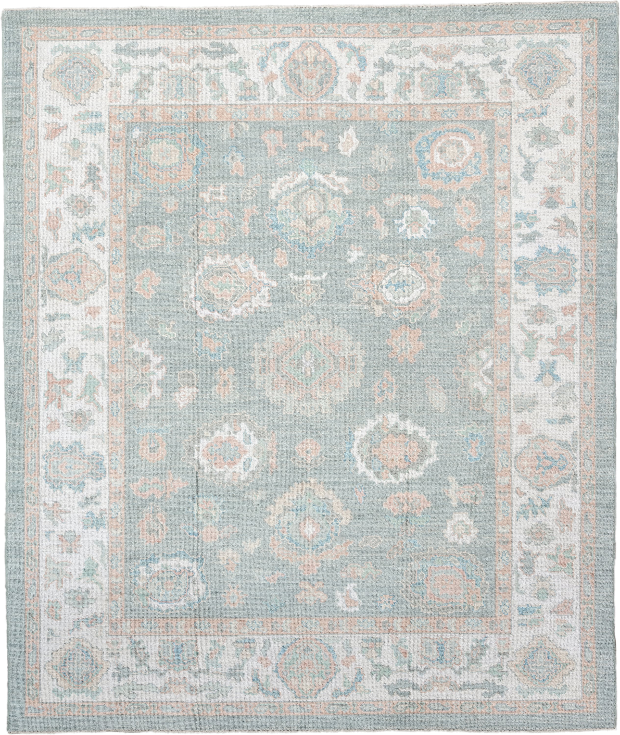 8' x 10' one-of-a-kind handmade vintage Oushak large size rug. Color palette: pale aqua, ivory, peach, sage, taupe, teal
