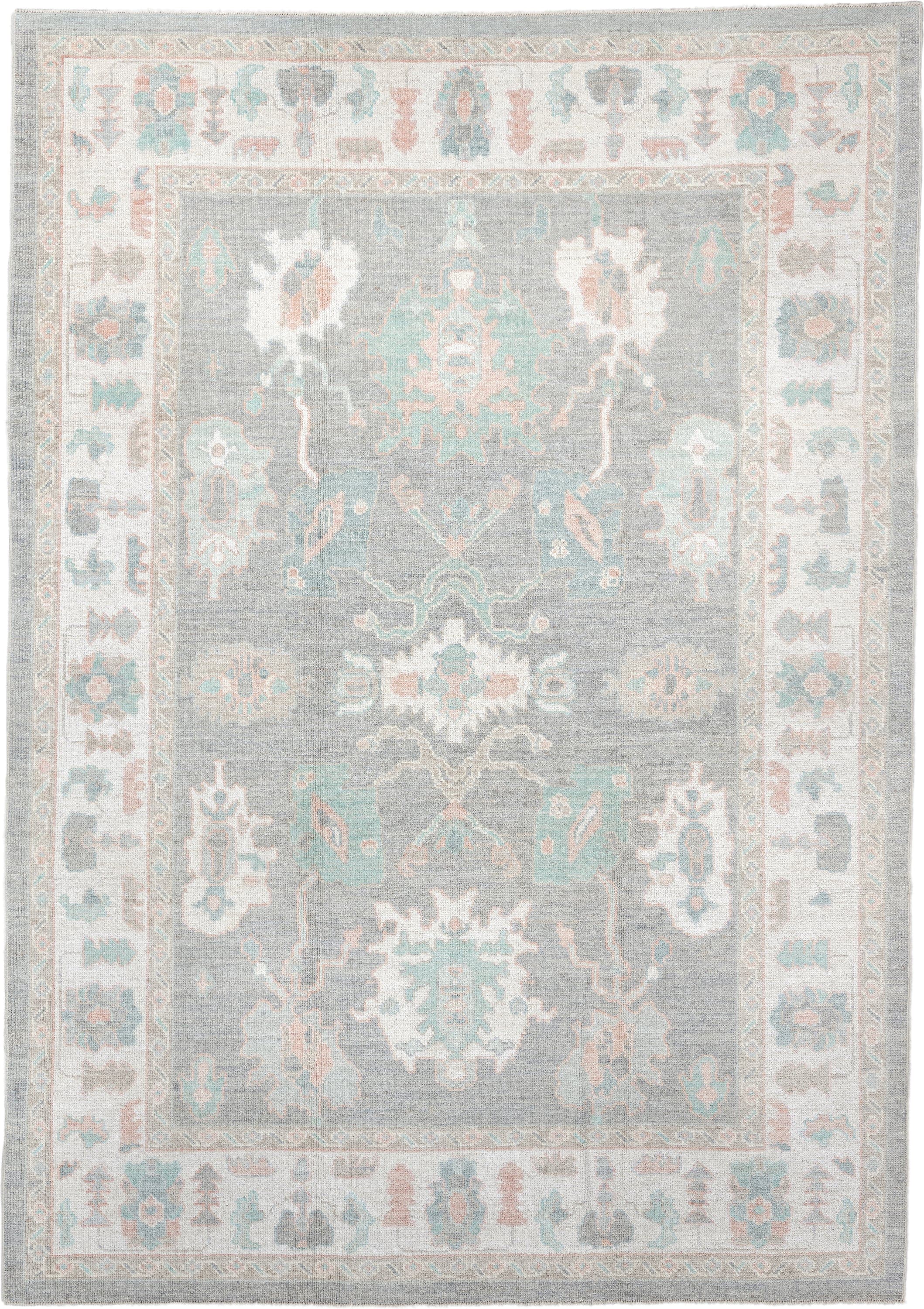 7' x 10' one-of-a-kind handmade vintage Oushak large size rug. Color palette: gray, ivory, pale aqua, blush, taupe, cream