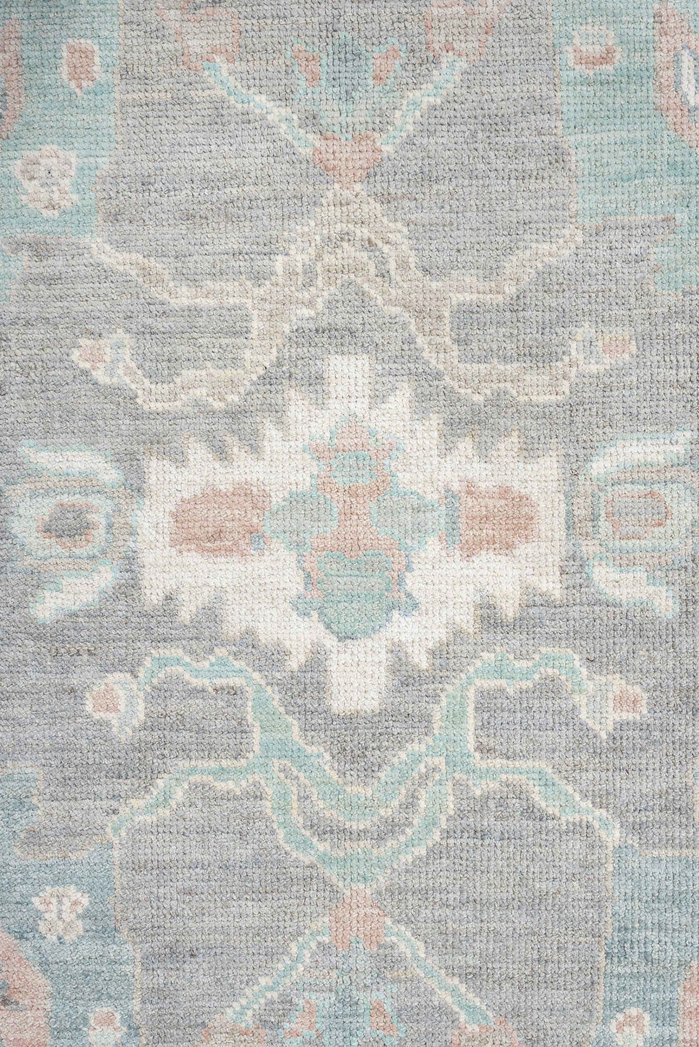 7' x 10' one-of-a-kind handmade vintage Oushak large size rug. Color palette: gray, ivory, pale aqua, blush, taupe, cream