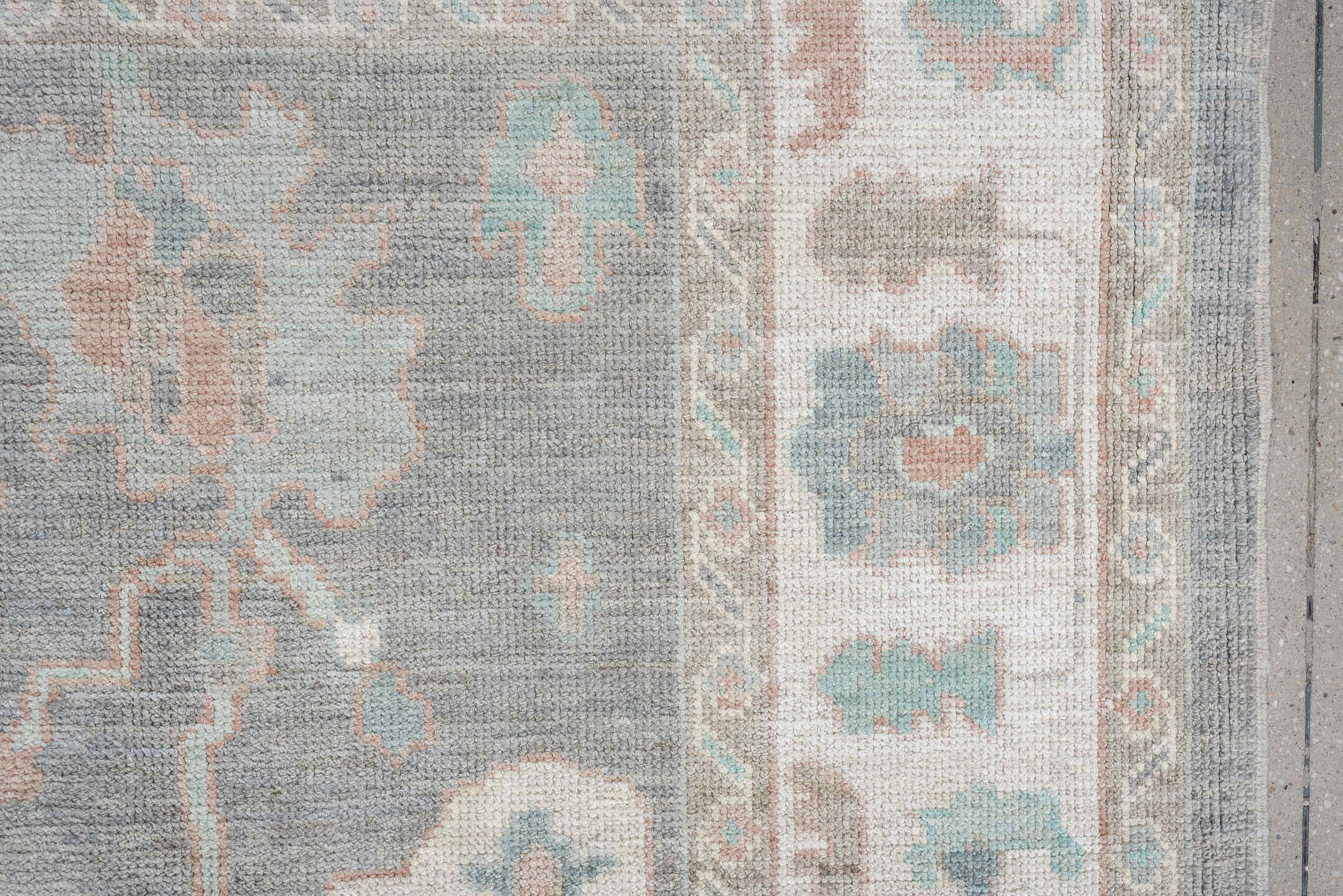 7' x 10' one-of-a-kind handmade vintage Oushak large size rug. Color palette: gray, ivory, pale aqua, blush, taupe, cream