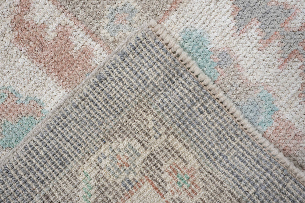 7' x 10' one-of-a-kind handmade vintage Oushak large size rug. Color palette: gray, ivory, pale aqua, blush, taupe, cream
