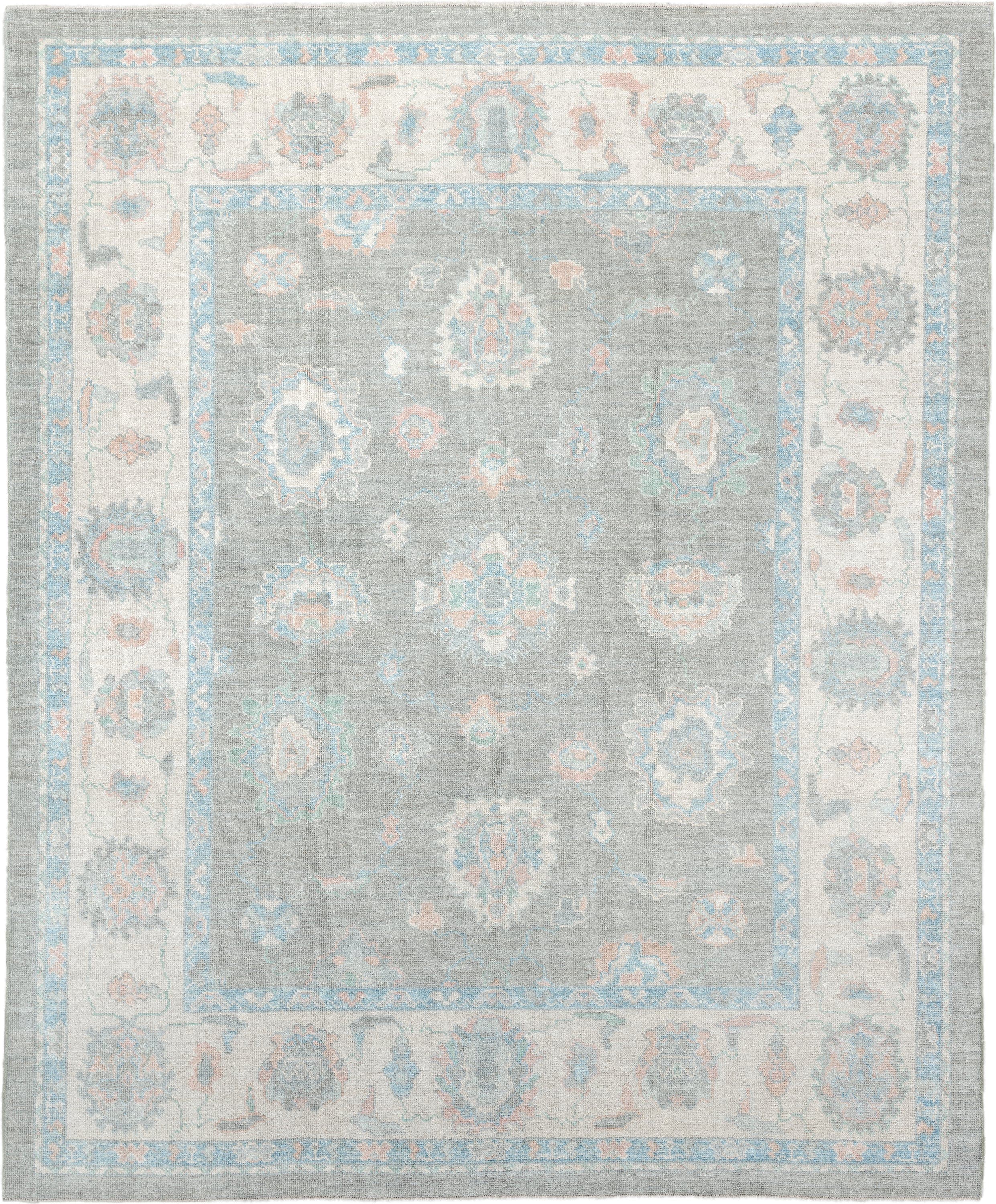 8' x 10' one-of-a-kind handmade vintage Oushak large size rug. Color palette: gray, ivory, powder blue, blush, peach, taupe