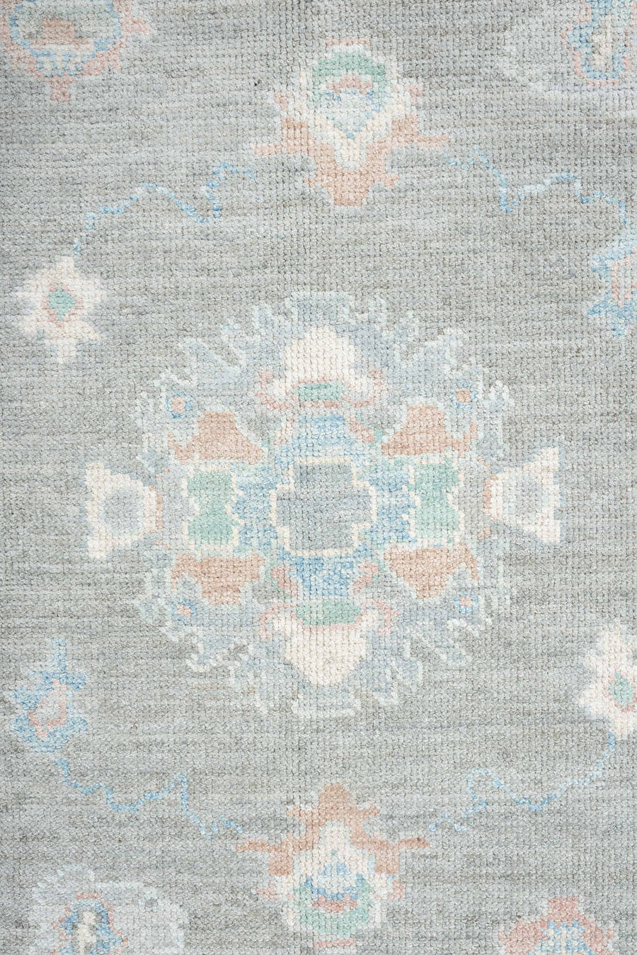 8' x 10' one-of-a-kind handmade vintage Oushak large size rug. Color palette: gray, ivory, powder blue, blush, peach, taupe