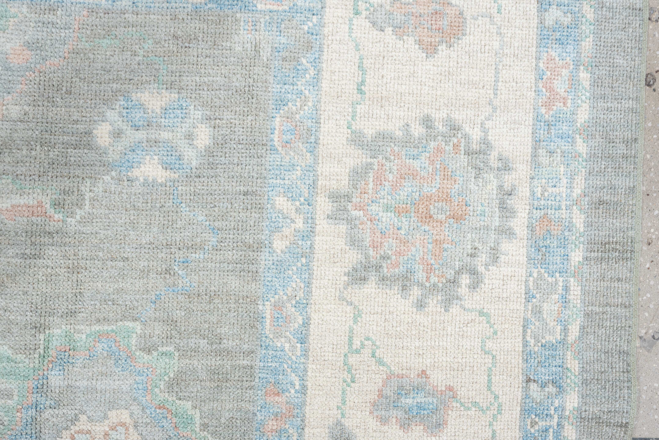 8' x 10' one-of-a-kind handmade vintage Oushak large size rug. Color palette: gray, ivory, powder blue, blush, peach, taupe