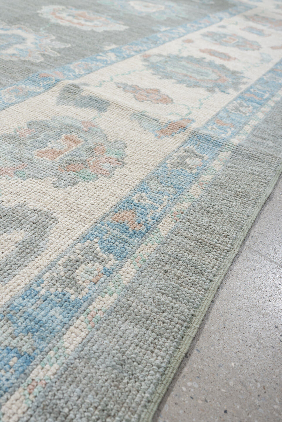 8' x 10' one-of-a-kind handmade vintage Oushak large size rug. Color palette: gray, ivory, powder blue, blush, peach, taupe