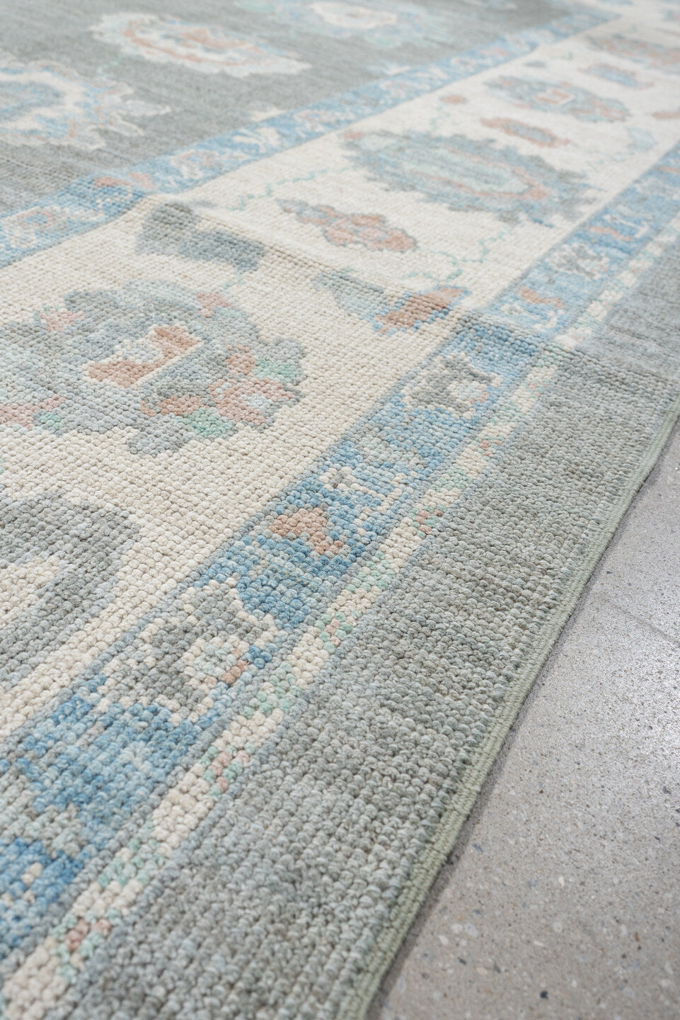 8' x 10' one-of-a-kind handmade vintage Oushak large size rug. Color palette: gray, ivory, powder blue, blush, peach, taupe