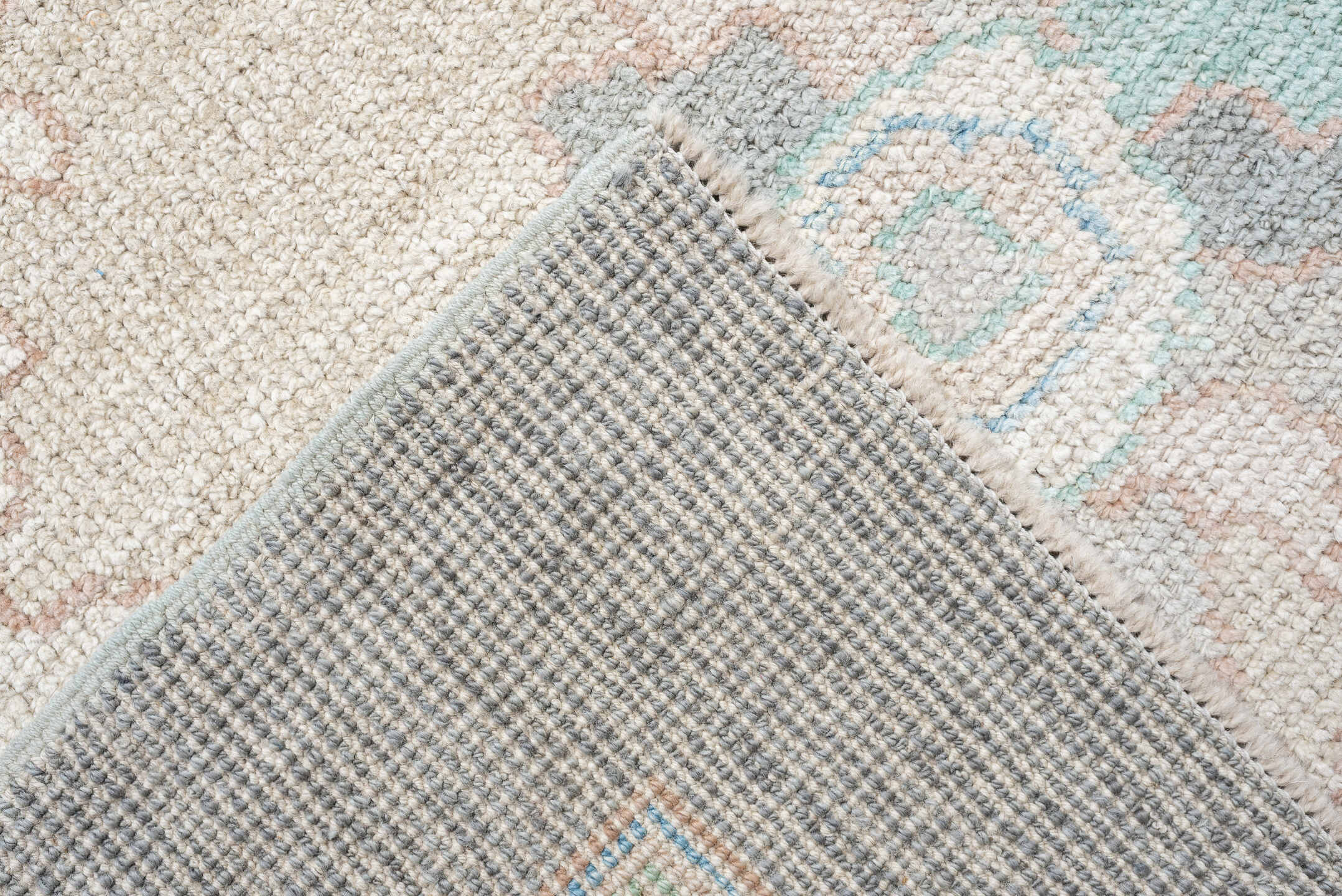 12' x 15' one-of-a-kind handmade vintage Oushak oversize rug. Color palette: pale blue, ivory, taupe, peach, sage, charcoal