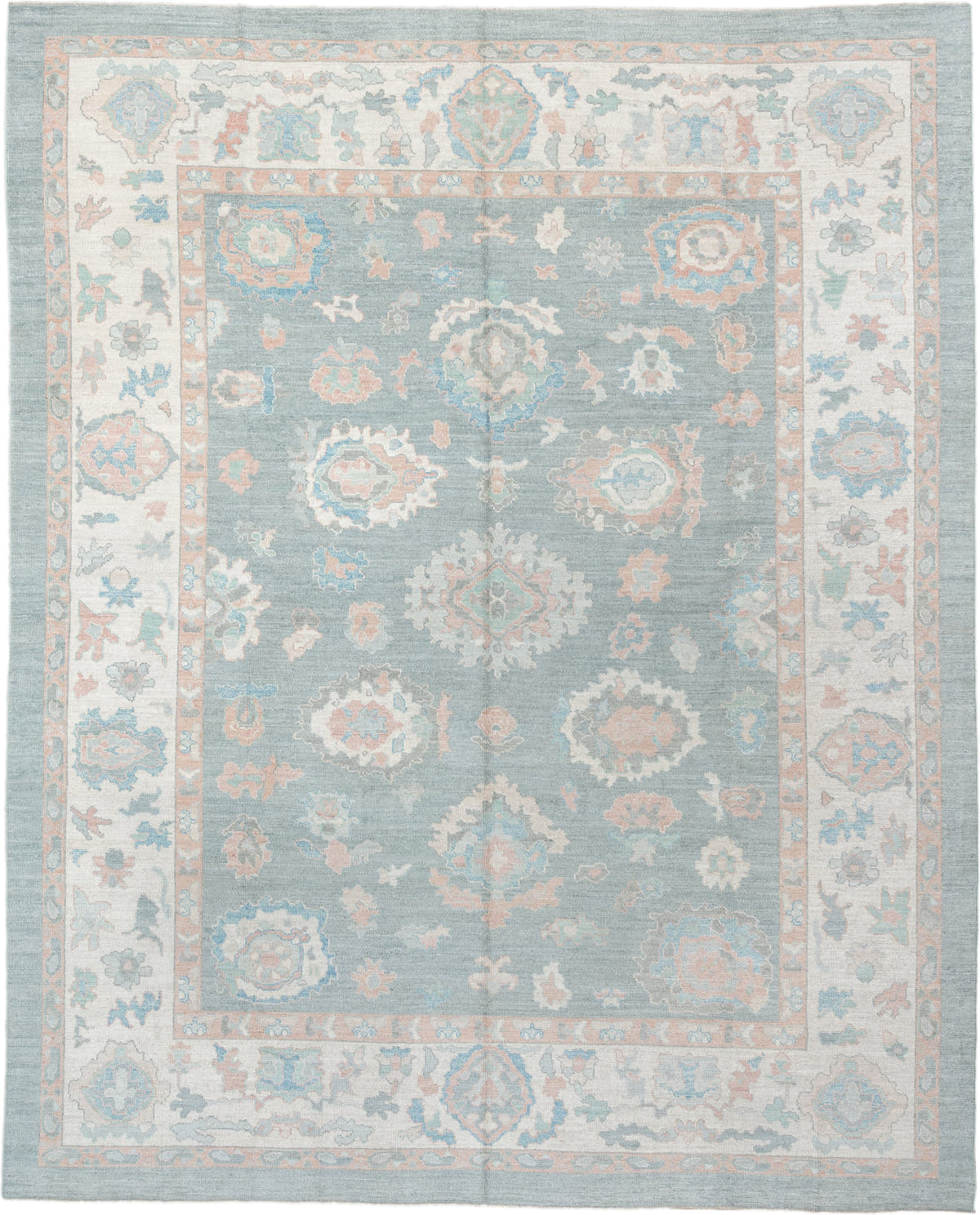 12' x 15' one-of-a-kind handmade vintage Oushak oversize rug. Color palette: sky blue, ivory, blush, pale blue, taupe, sage