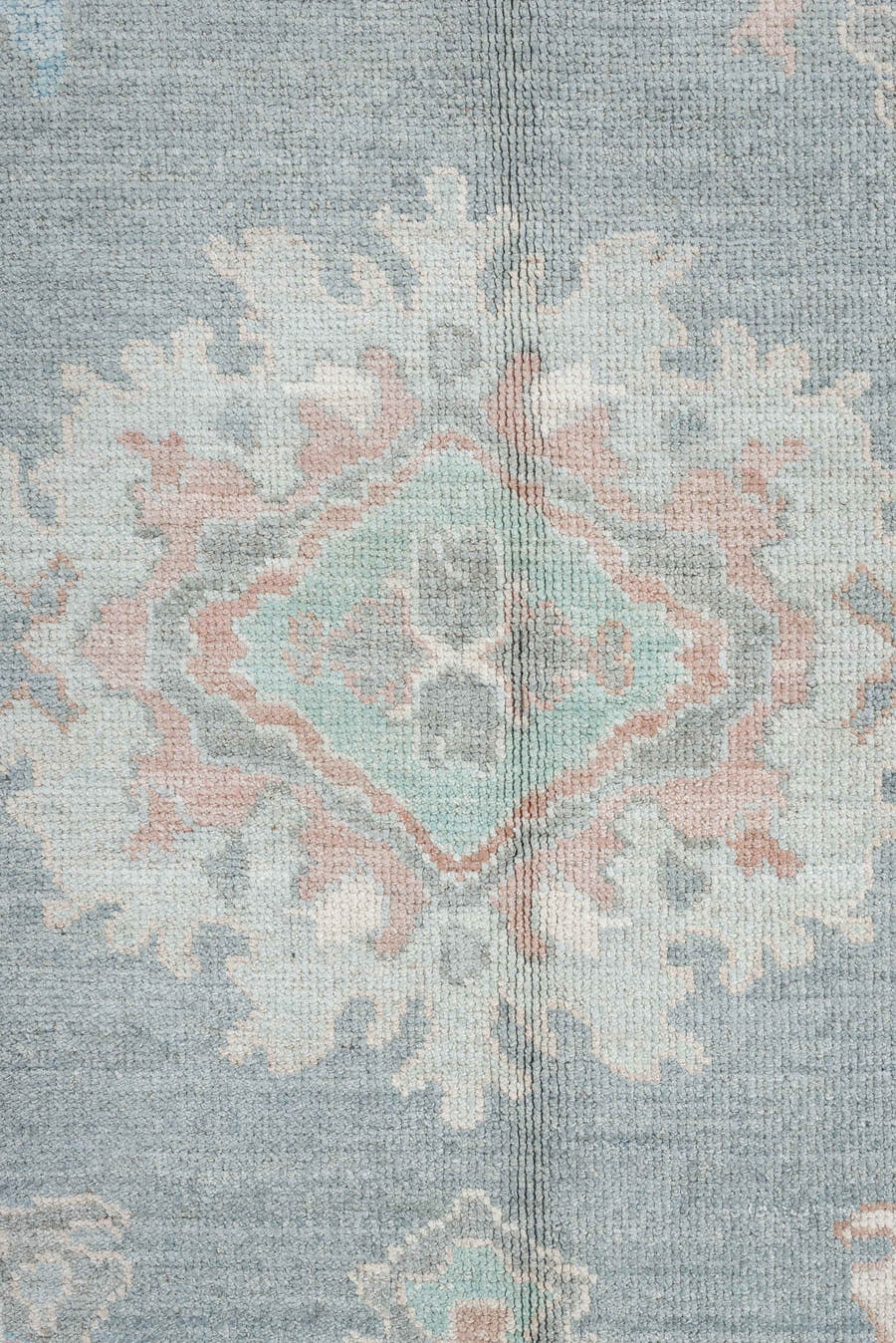 12' x 15' one-of-a-kind handmade vintage Oushak oversize rug. Color palette: sky blue, ivory, blush, pale blue, taupe, sage