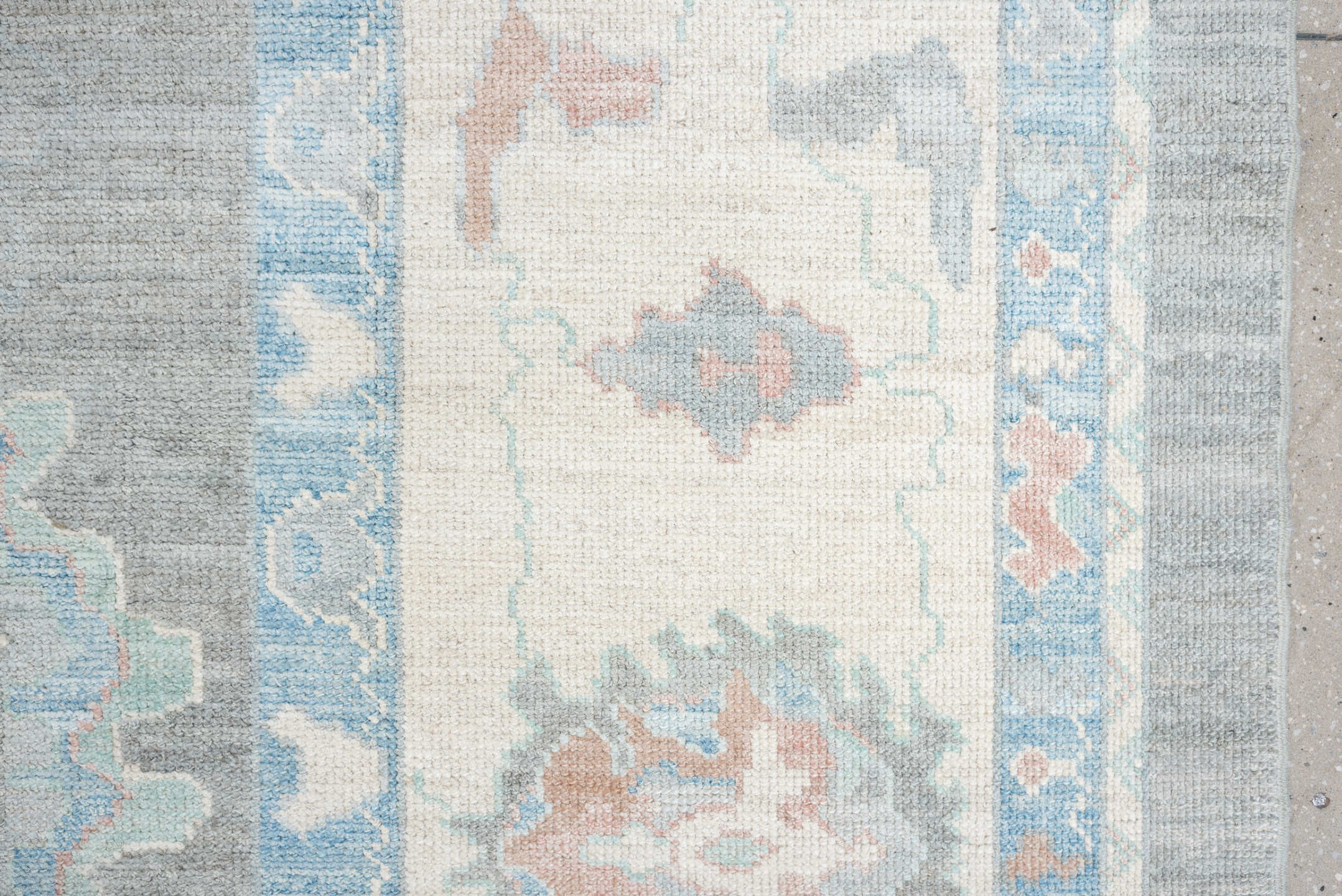 10' x 14' one-of-a-kind handmade vintage Oushak large size rug. Color palette: blue_gray, ivory, sky_blue, soft_coral, taupe