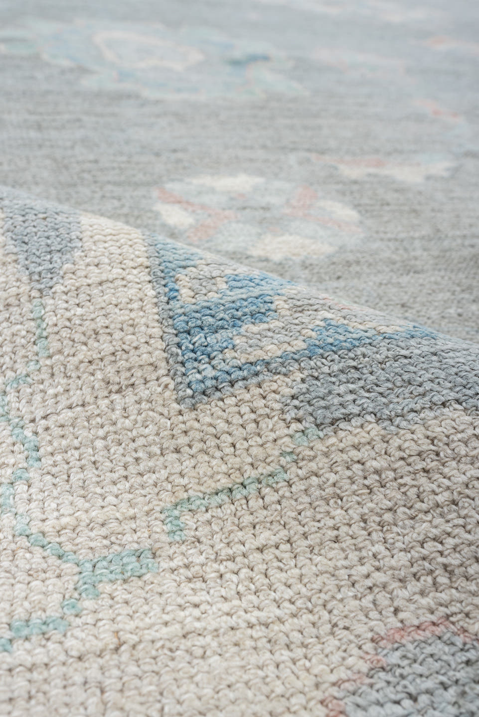 10' x 14' one-of-a-kind handmade vintage Oushak large size rug. Color palette: blue_gray, ivory, sky_blue, soft_coral, taupe