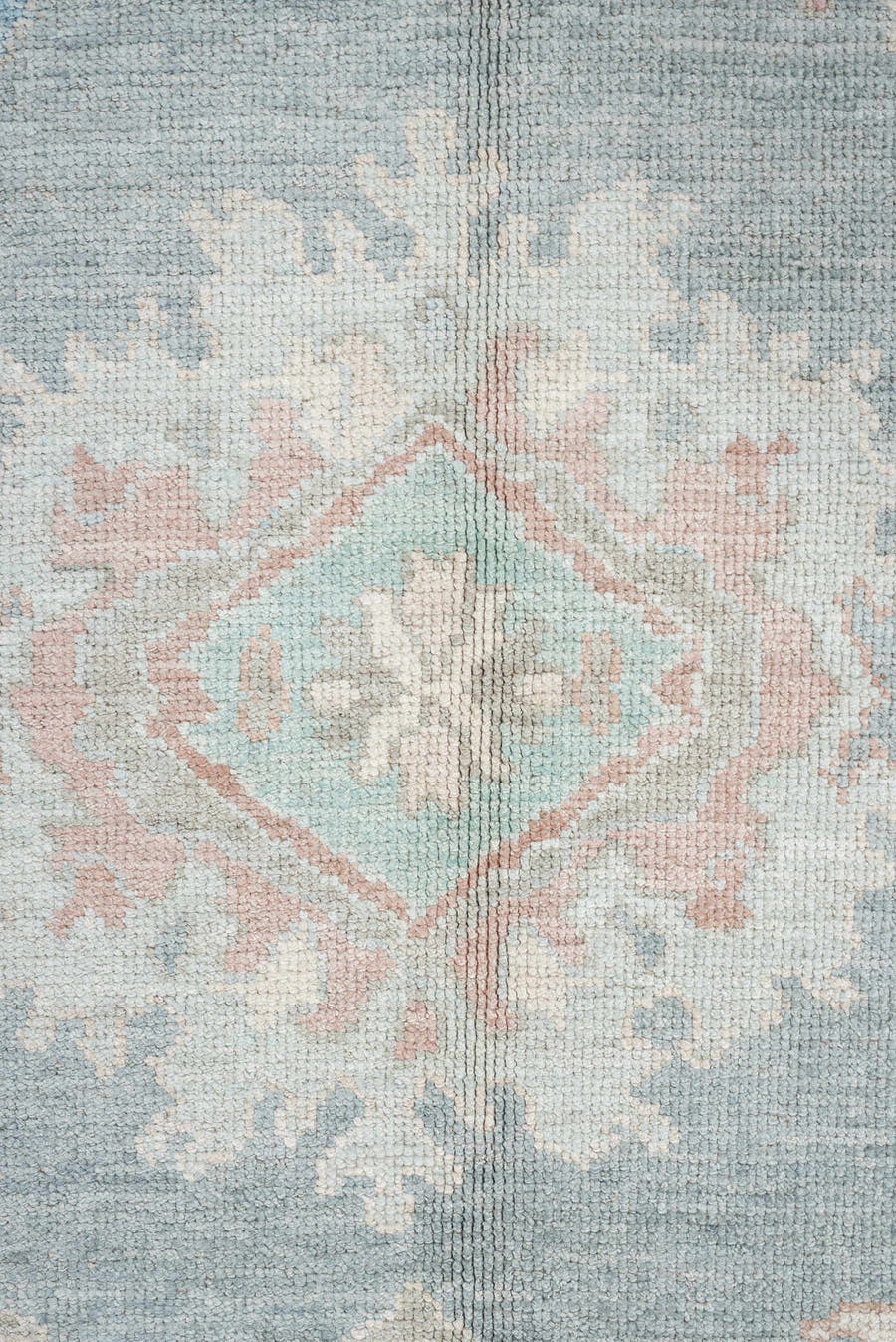 10' x 14' one-of-a-kind handmade vintage Oushak large size rug. Color palette: pale blue, ivory, blush, taupe, aqua, peach