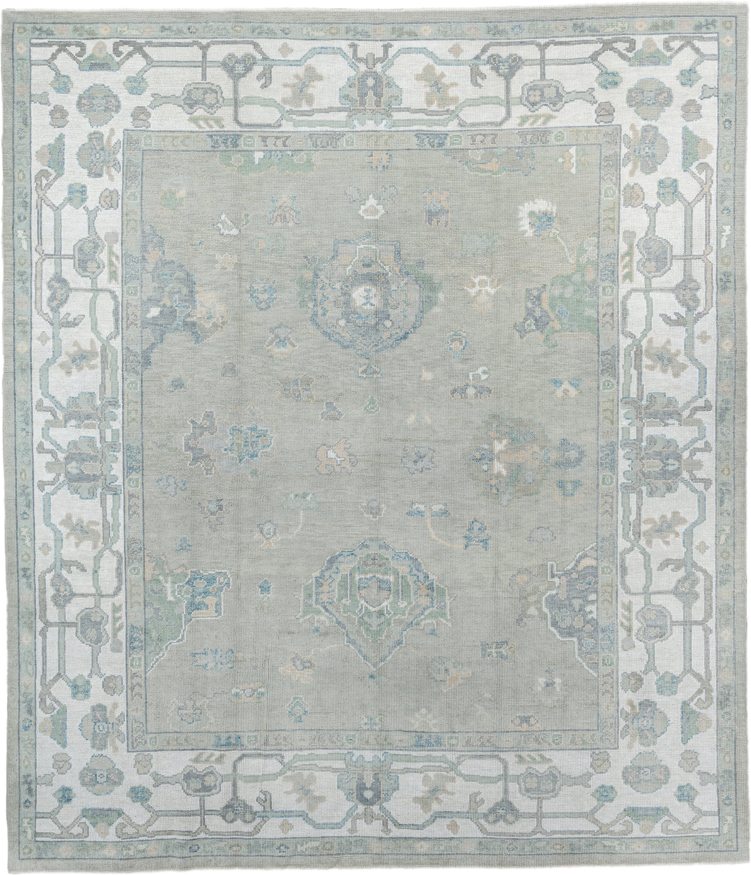 8' x 9' one-of-a-kind handmade vintage Oushak large size rug. Color palette: taupe, ivory, sky blue, sage, soft gold