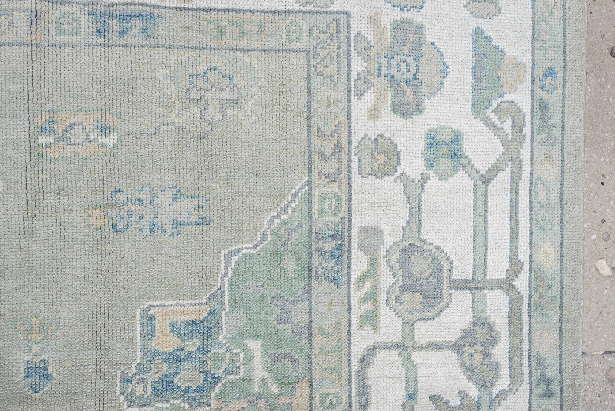 8' x 9' one-of-a-kind handmade vintage Oushak large size rug. Color palette: taupe, ivory, sky blue, sage, soft gold
