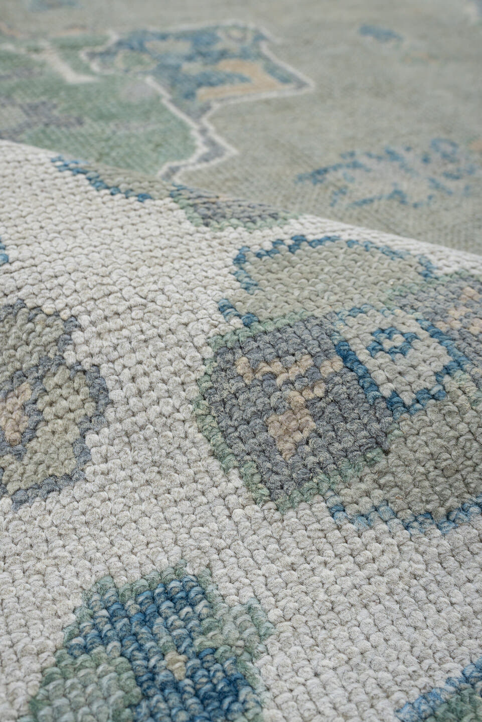 8' x 9' one-of-a-kind handmade vintage Oushak large size rug. Color palette: taupe, ivory, sky blue, sage, soft gold