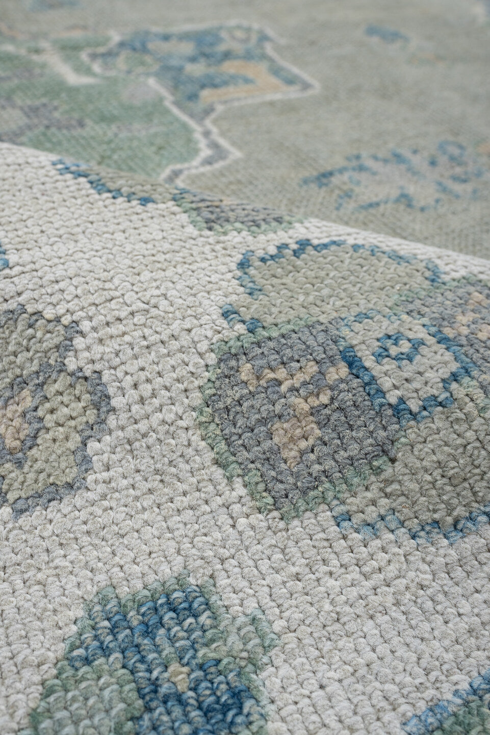8' x 9' one-of-a-kind handmade vintage Oushak large size rug. Color palette: taupe, ivory, sky blue, sage, soft gold