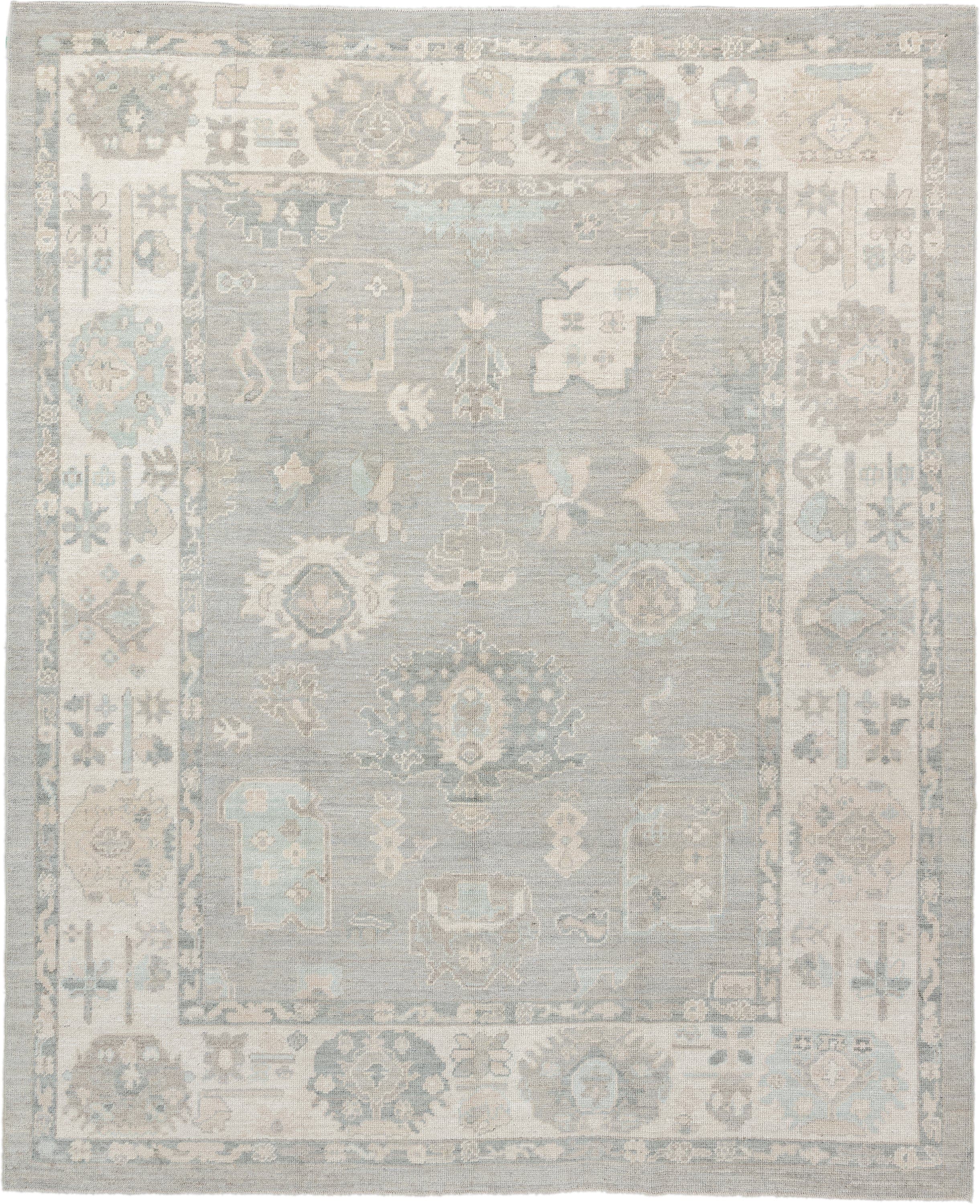 8' x 10' one-of-a-kind handmade vintage Oushak large size rug. Color palette: pale blue, ivory, taupe, cream, sage, beige