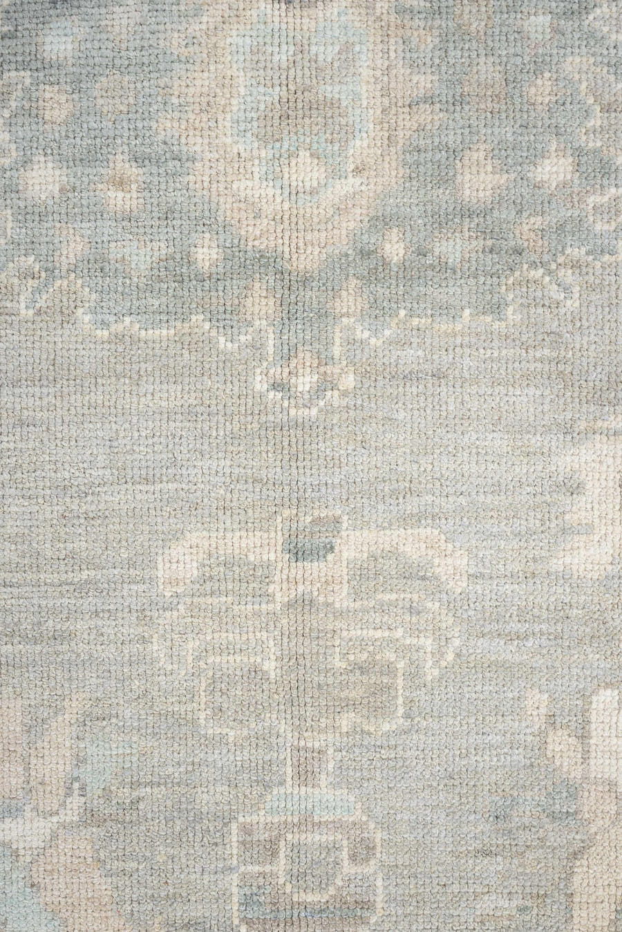 8' x 10' one-of-a-kind handmade vintage Oushak large size rug. Color palette: pale blue, ivory, taupe, cream, sage, beige
