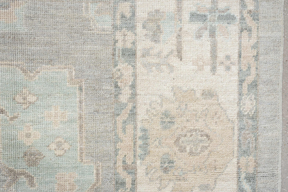 8' x 10' one-of-a-kind handmade vintage Oushak large size rug. Color palette: pale blue, ivory, taupe, cream, sage, beige