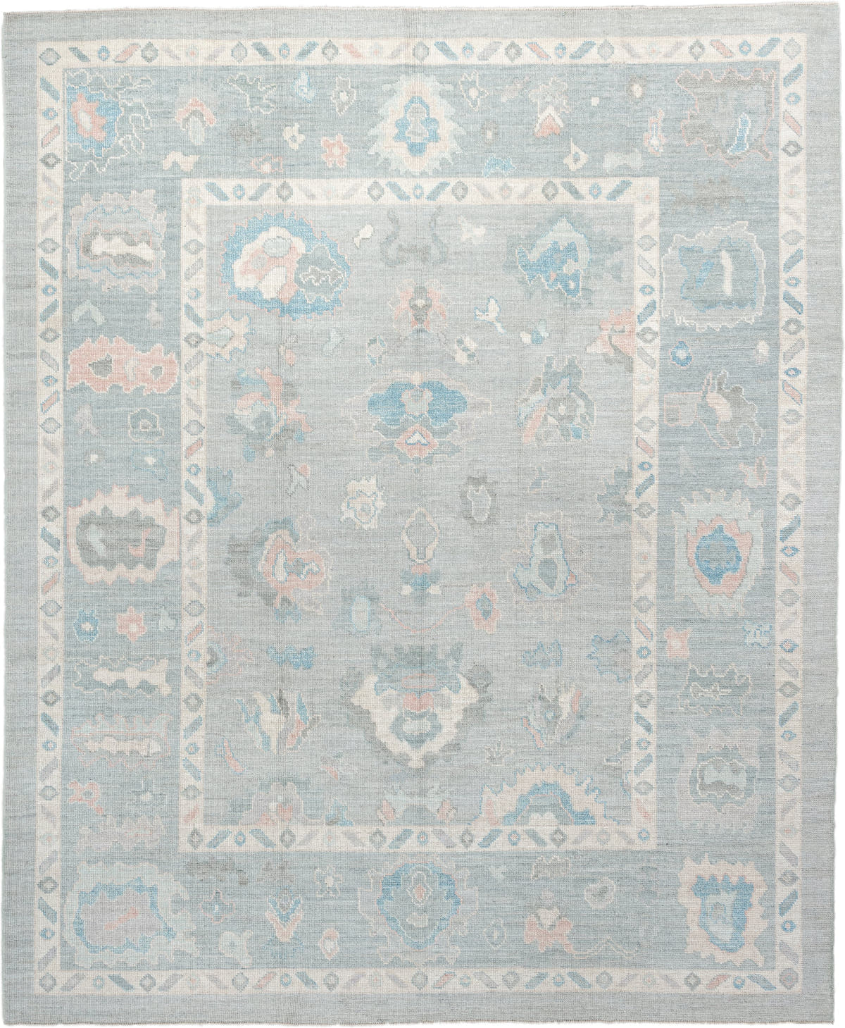 8' x 10' one-of-a-kind handmade vintage Oushak large size rug. Color palette: pale blue, ivory, sky blue, blush, taupe