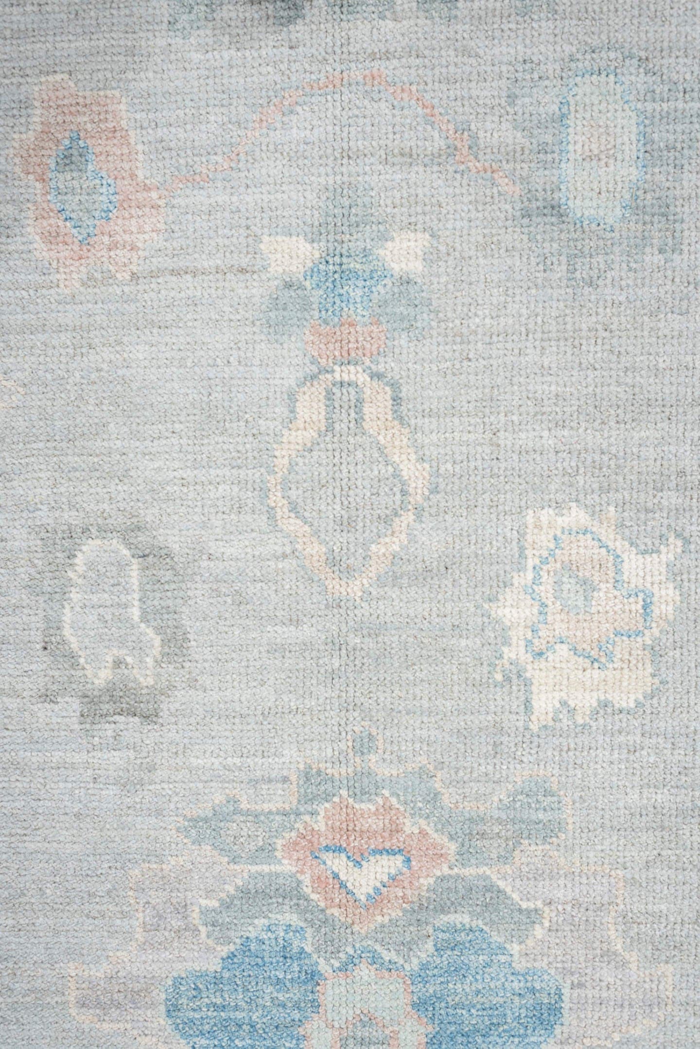 8' x 10' one-of-a-kind handmade vintage Oushak large size rug. Color palette: pale blue, ivory, sky blue, blush, taupe