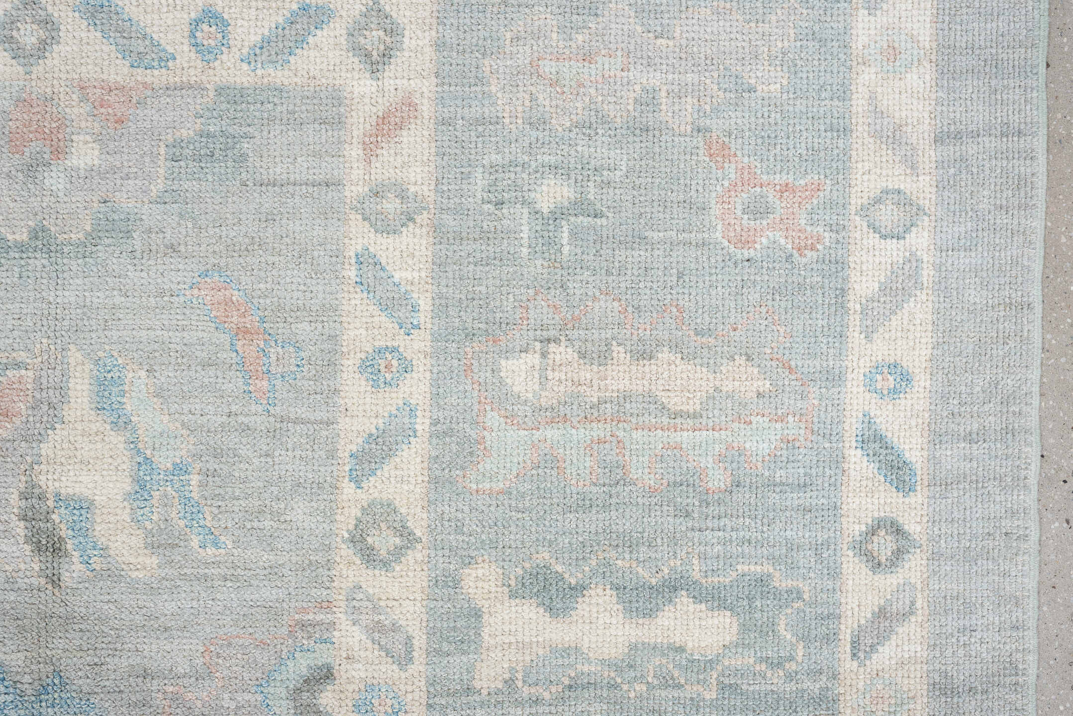 8' x 10' one-of-a-kind handmade vintage Oushak large size rug. Color palette: pale blue, ivory, sky blue, blush, taupe