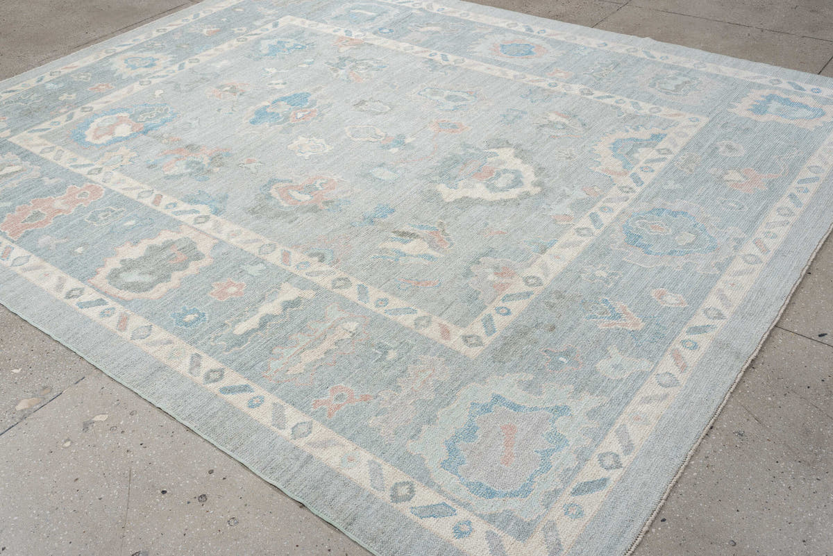 8' x 10' one-of-a-kind handmade vintage Oushak large size rug. Color palette: pale blue, ivory, sky blue, blush, taupe
