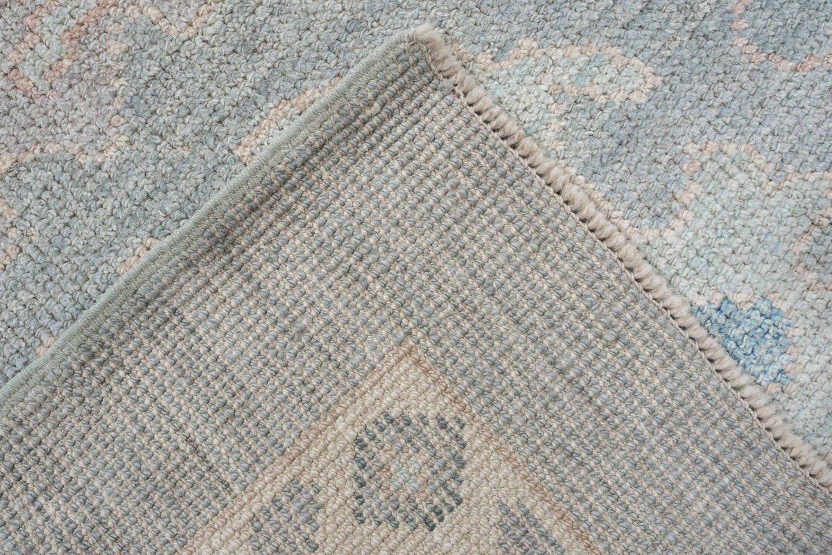 8' x 10' one-of-a-kind handmade vintage Oushak large size rug. Color palette: pale blue, ivory, sky blue, blush, taupe