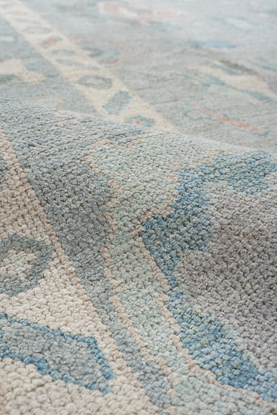 8' x 10' one-of-a-kind handmade vintage Oushak large size rug. Color palette: pale blue, ivory, sky blue, blush, taupe