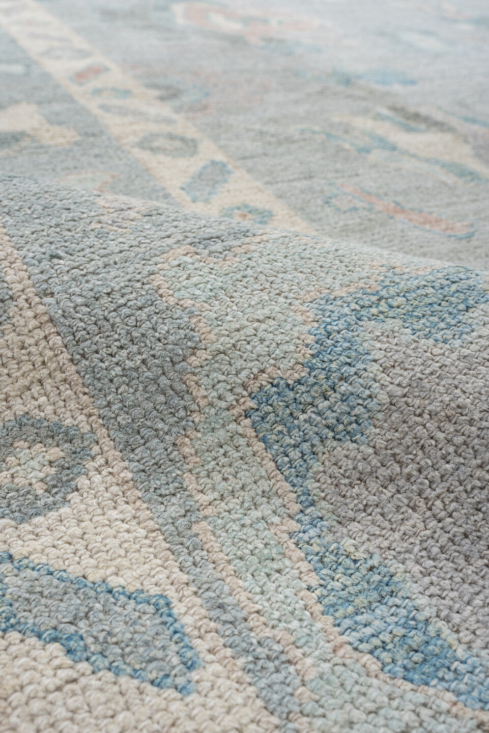 8' x 10' one-of-a-kind handmade vintage Oushak large size rug. Color palette: pale blue, ivory, sky blue, blush, taupe