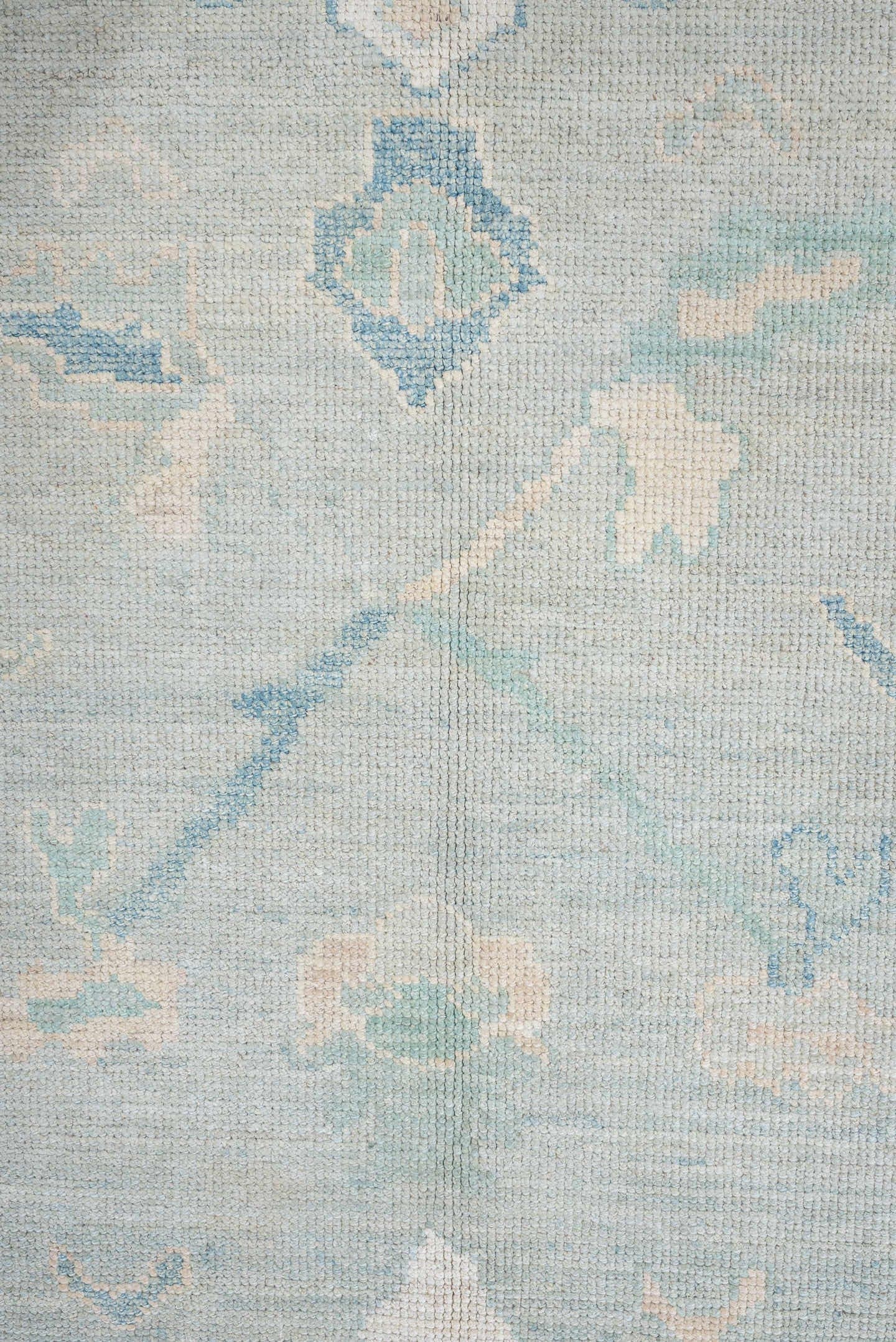 8' x 10' one-of-a-kind handmade vintage Oushak large size rug. Color palette: pale aqua, ivory, sky blue, taupe, cream, sage