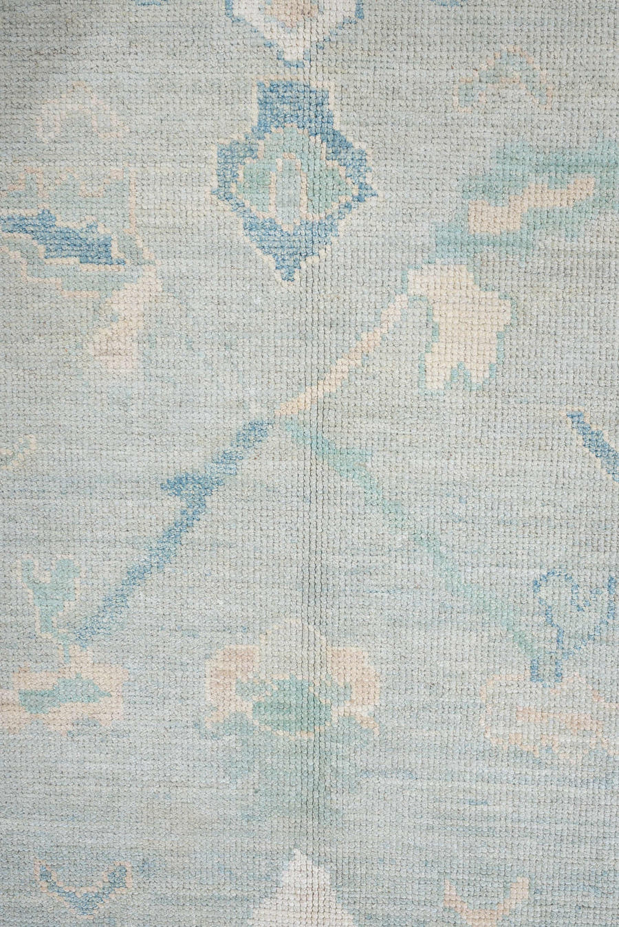 8' x 10' one-of-a-kind handmade vintage Oushak large size rug. Color palette: pale aqua, ivory, sky blue, taupe, cream, sage
