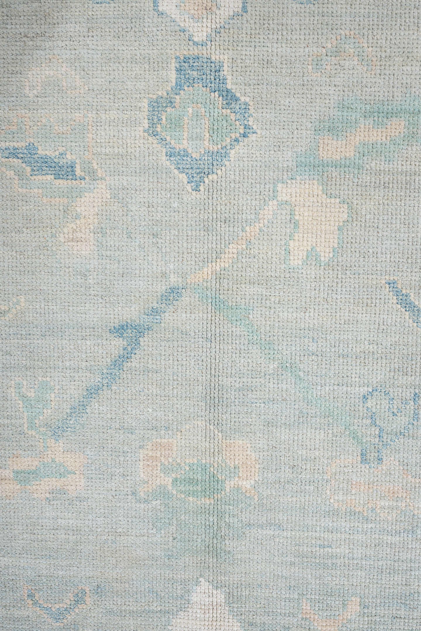 8' x 10' one-of-a-kind handmade vintage Oushak large size rug. Color palette: pale aqua, ivory, sky blue, taupe, cream, sage