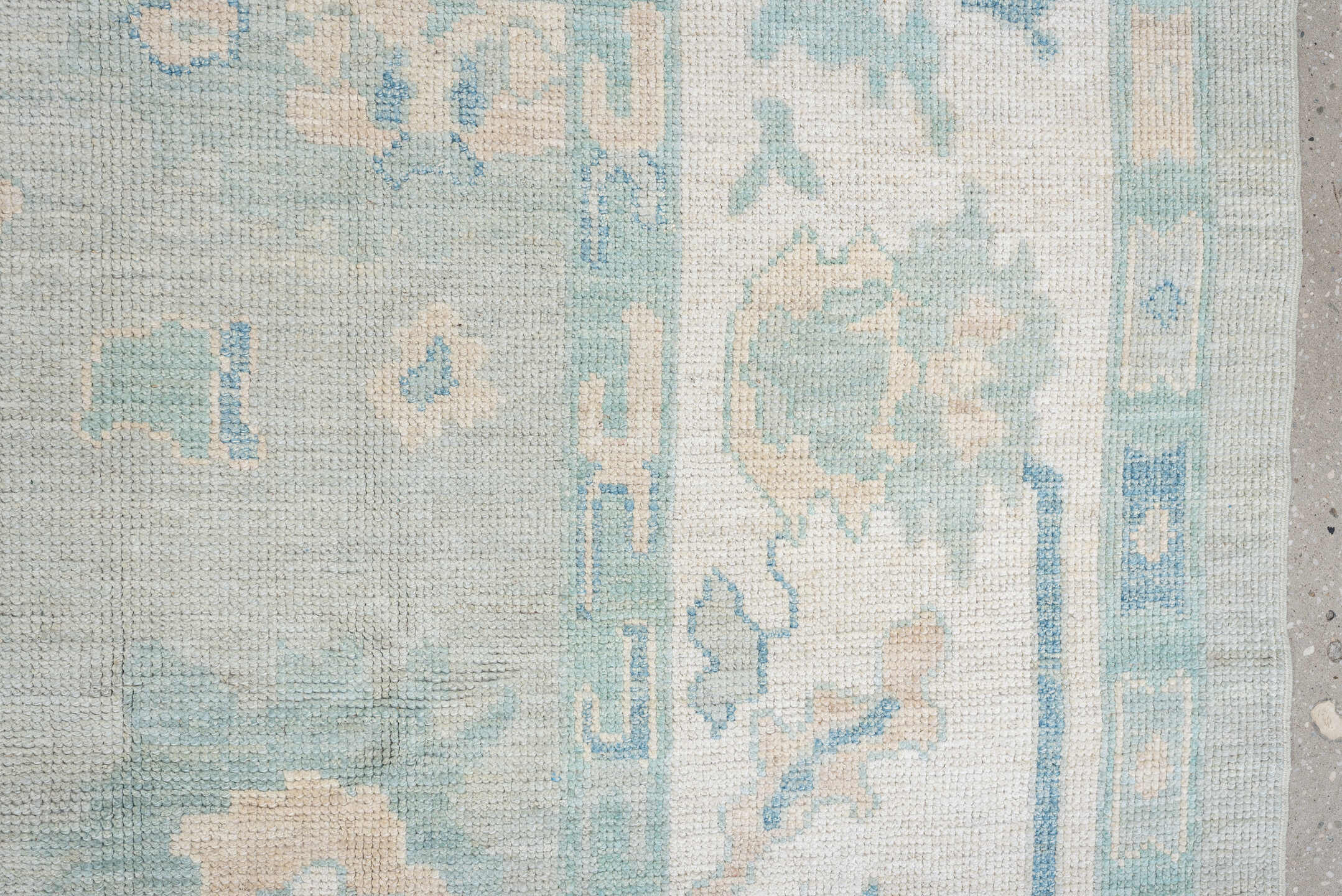 8' x 10' one-of-a-kind handmade vintage Oushak large size rug. Color palette: pale aqua, ivory, sky blue, taupe, cream, sage